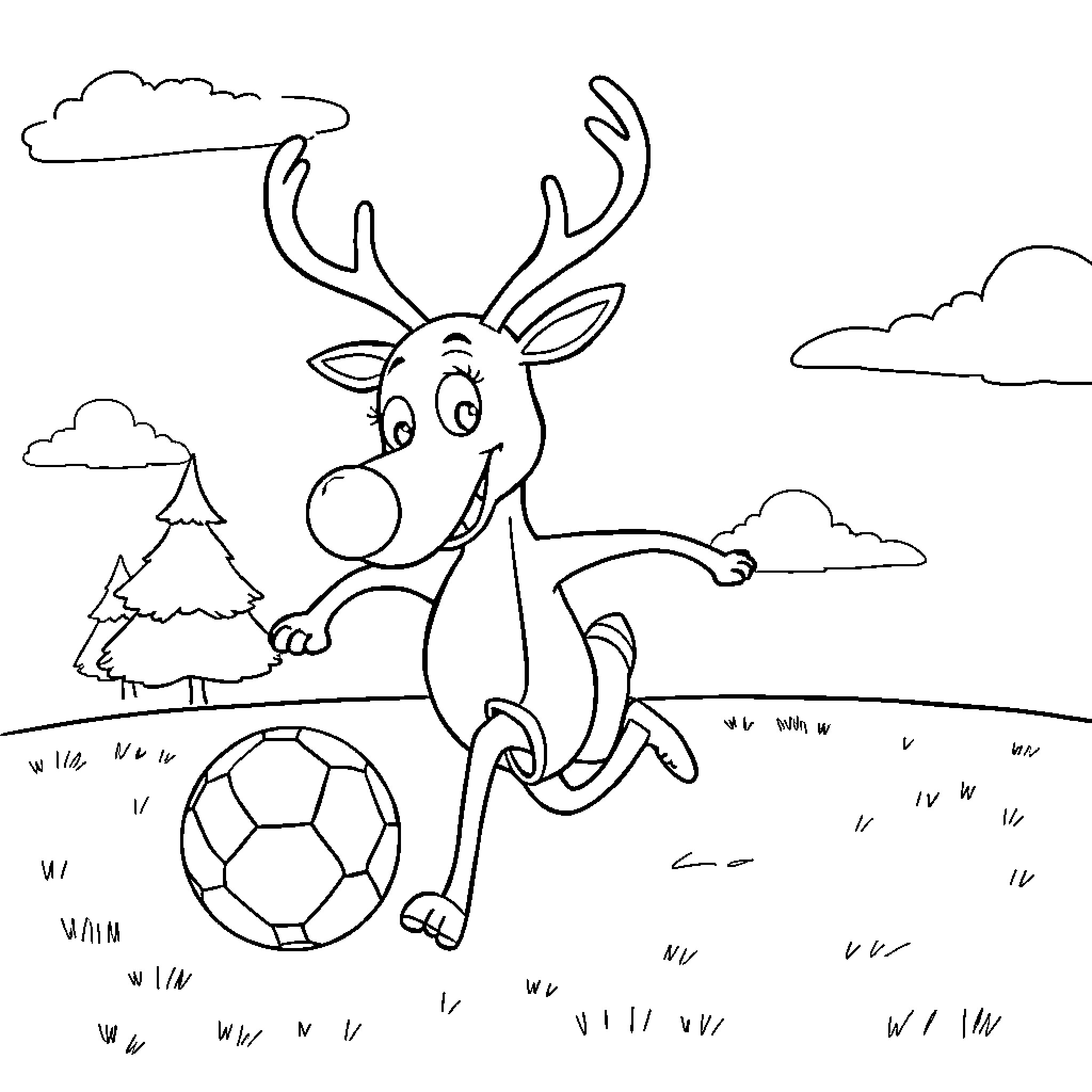 Rudolph playing happily with a soccer ball Coloring Page (free black-and-white line drawing printable PDF for all, from beginners to advanced learners, including children, teens, adults, and seniors)