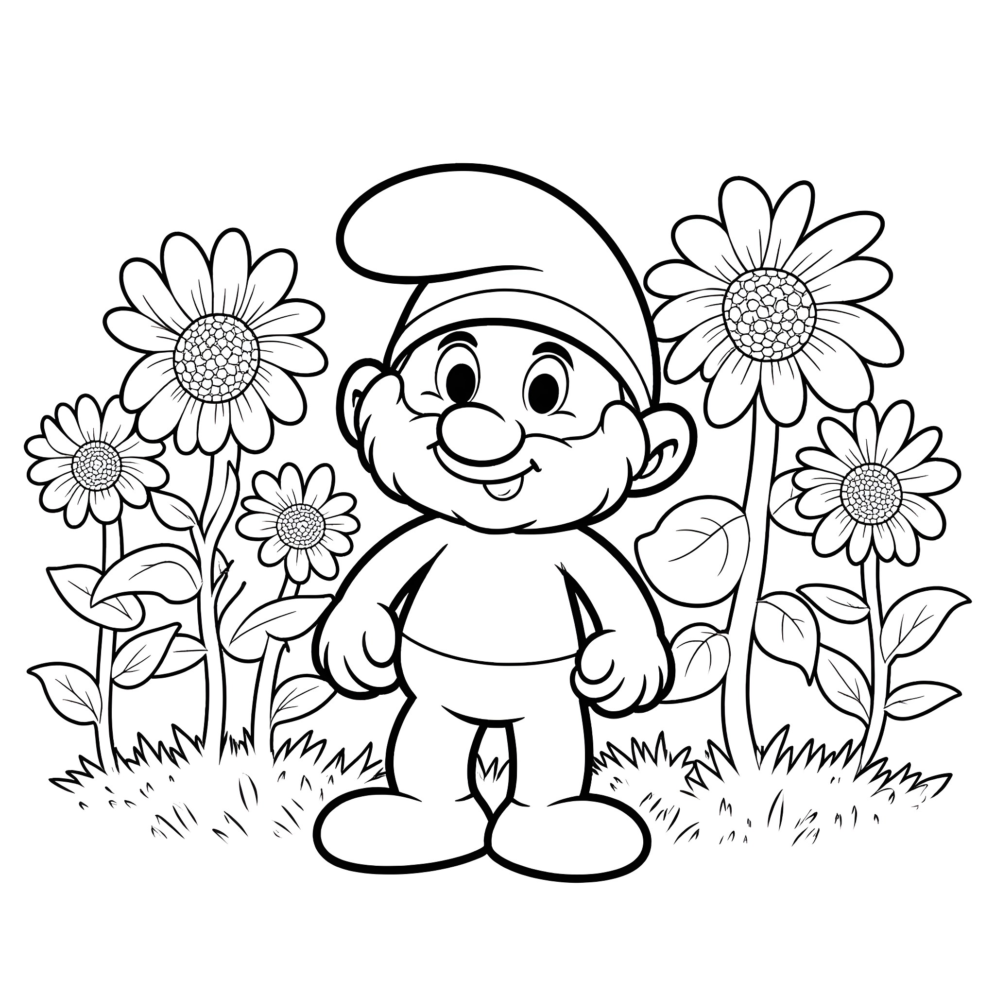 Papa Smurf surrounded by happy flowers Coloring Page (free black-and-white line drawing printable PDF for all, from beginners to advanced learners, including children, teens, adults, and seniors)