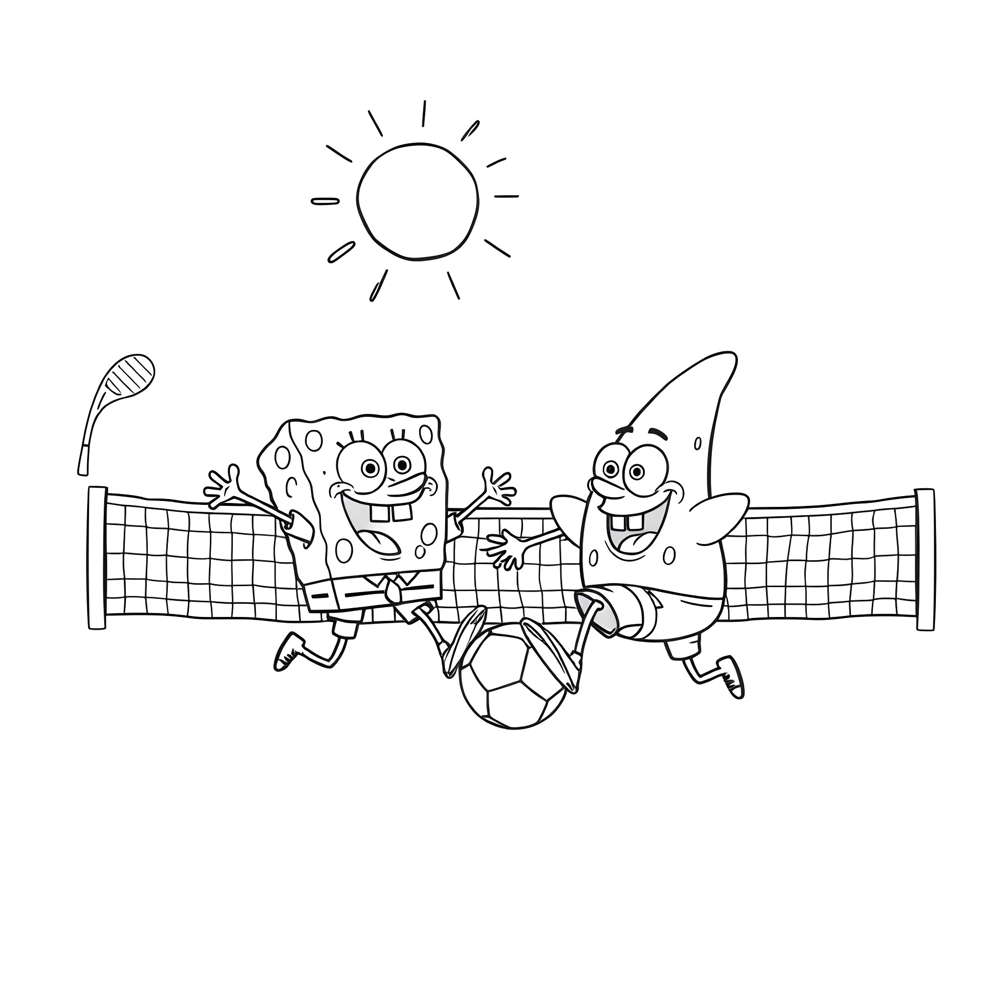 Spongebob and Patrick playing volleyball together Coloring Page (free black-and-white line drawing printable PDF for all, from beginners to advanced learners, including children, teens, adults, and seniors)