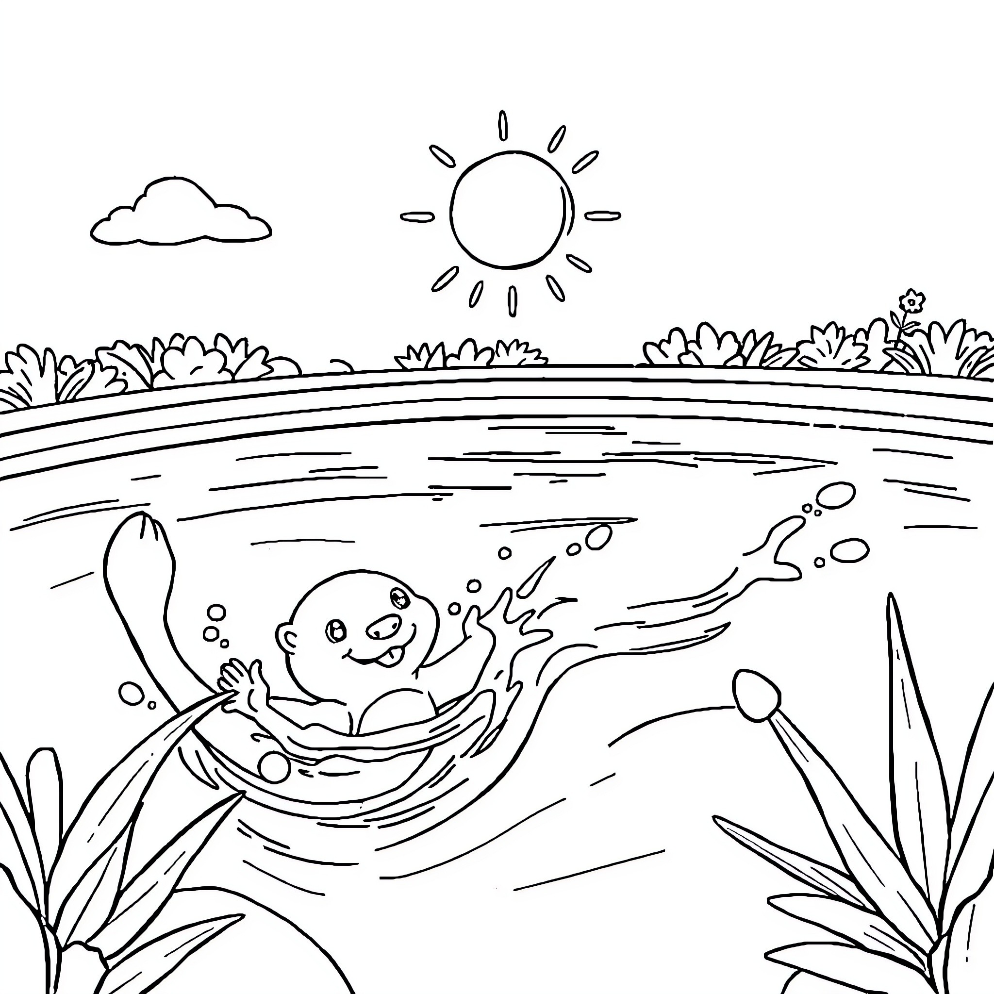 Otto's Fun Day at the Lake Coloring Page (free black-and-white line drawing printable PDF for all, from beginners to advanced learners, including children, teens, adults, and seniors)