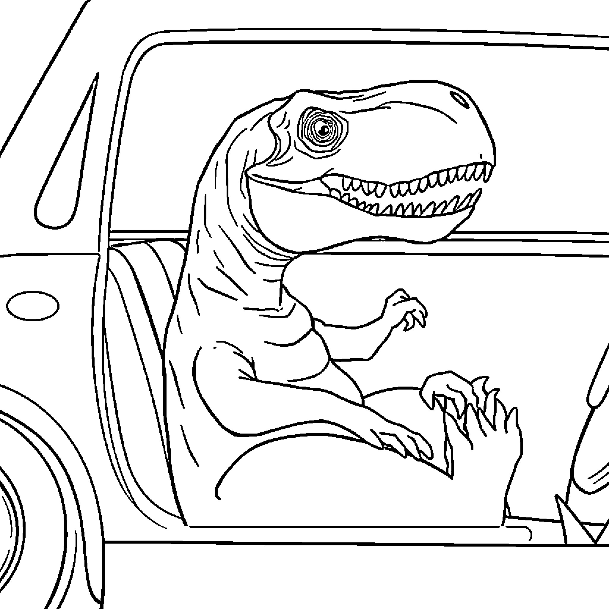 Dinosaur driving a car with determination Coloring Page (free black-and-white line drawing printable PDF for all, from beginners to advanced learners, including children, teens, adults, and seniors)
