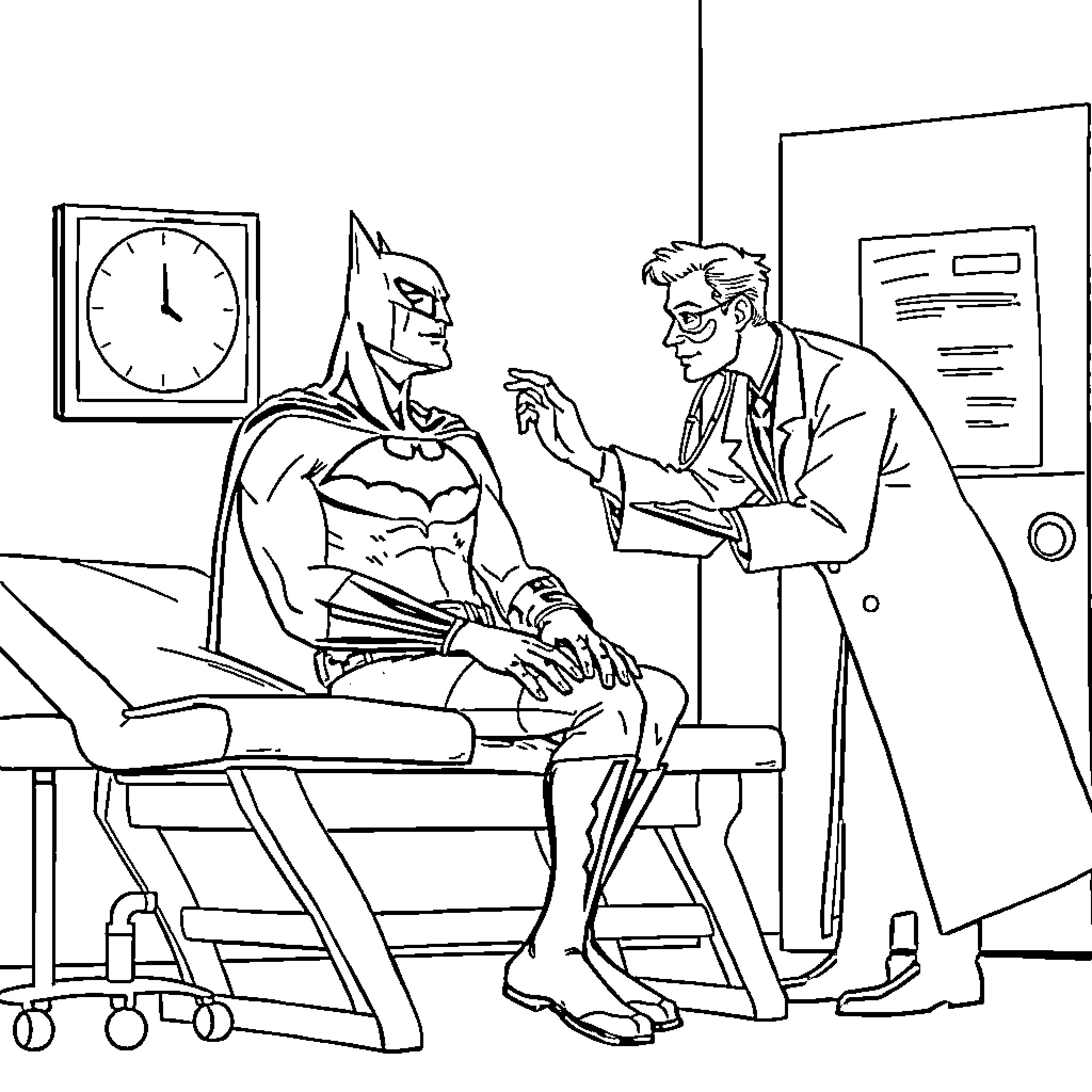 Doctor Examining Superhero Patient in Hospital Coloring Page (free black-and-white line drawing printable PDF for all, from beginners to advanced learners, including children, teens, adults, and seniors)