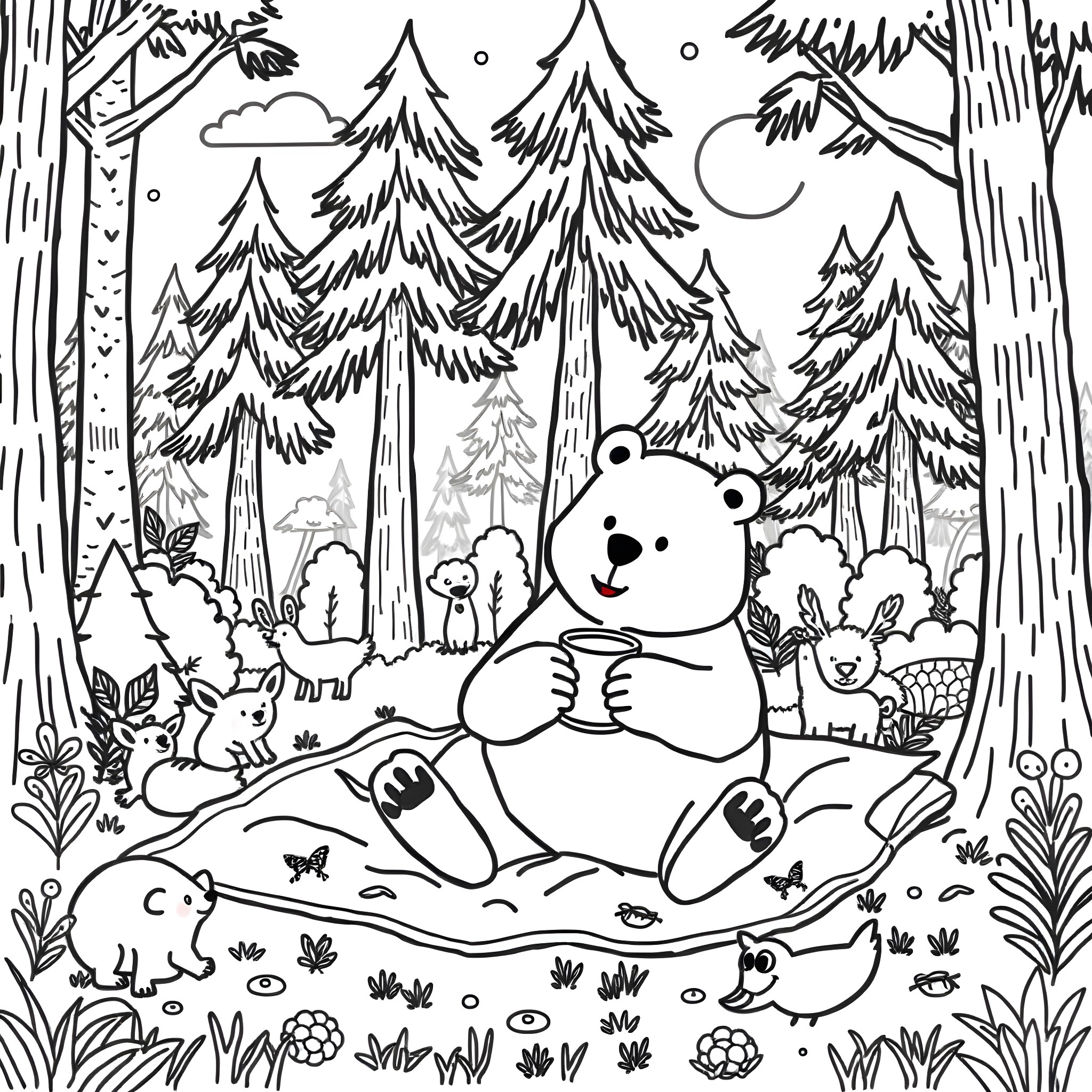 Bear Enjoying Nature in the Forest Coloring Page (free black-and-white line drawing printable PDF for all, from beginners to advanced learners, including children, teens, adults, and seniors)