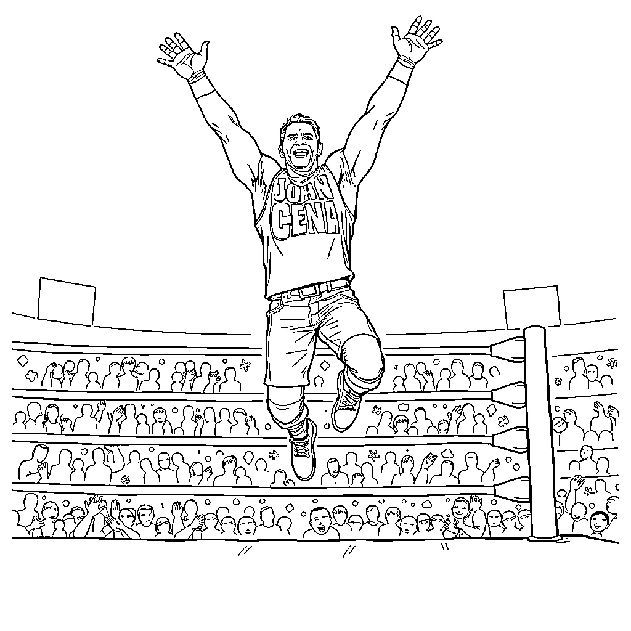 John Cena celebrates victory in the wrestling ring Coloring Page (free black-and-white line drawing printable PDF for all, from beginners to advanced learners, including children, teens, adults, and seniors)