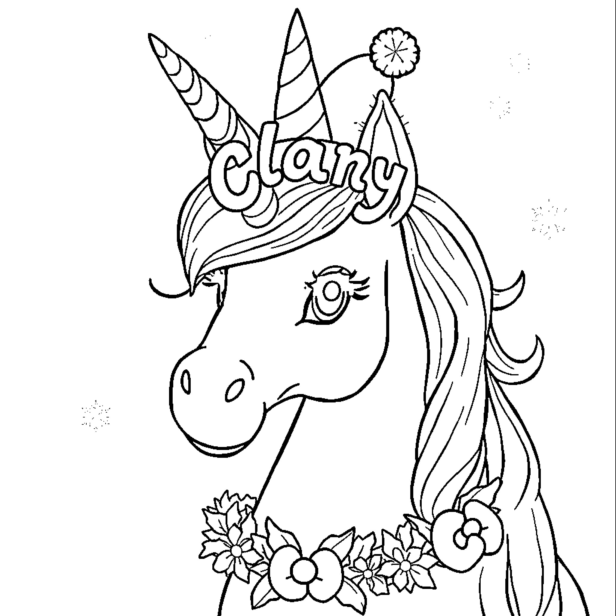 Unicorn with Floral Decorations and Name Coloring Page (free black-and-white line drawing printable PDF for all, from beginners to advanced learners, including children, teens, adults, and seniors)