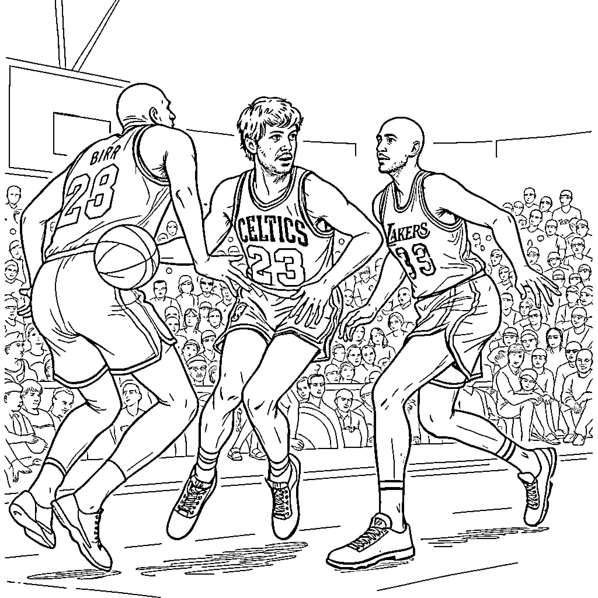 Larry Bird competing in intense basketball game Coloring Page (free black-and-white line drawing printable PDF for all, from beginners to advanced learners, including children, teens, adults, and seniors)