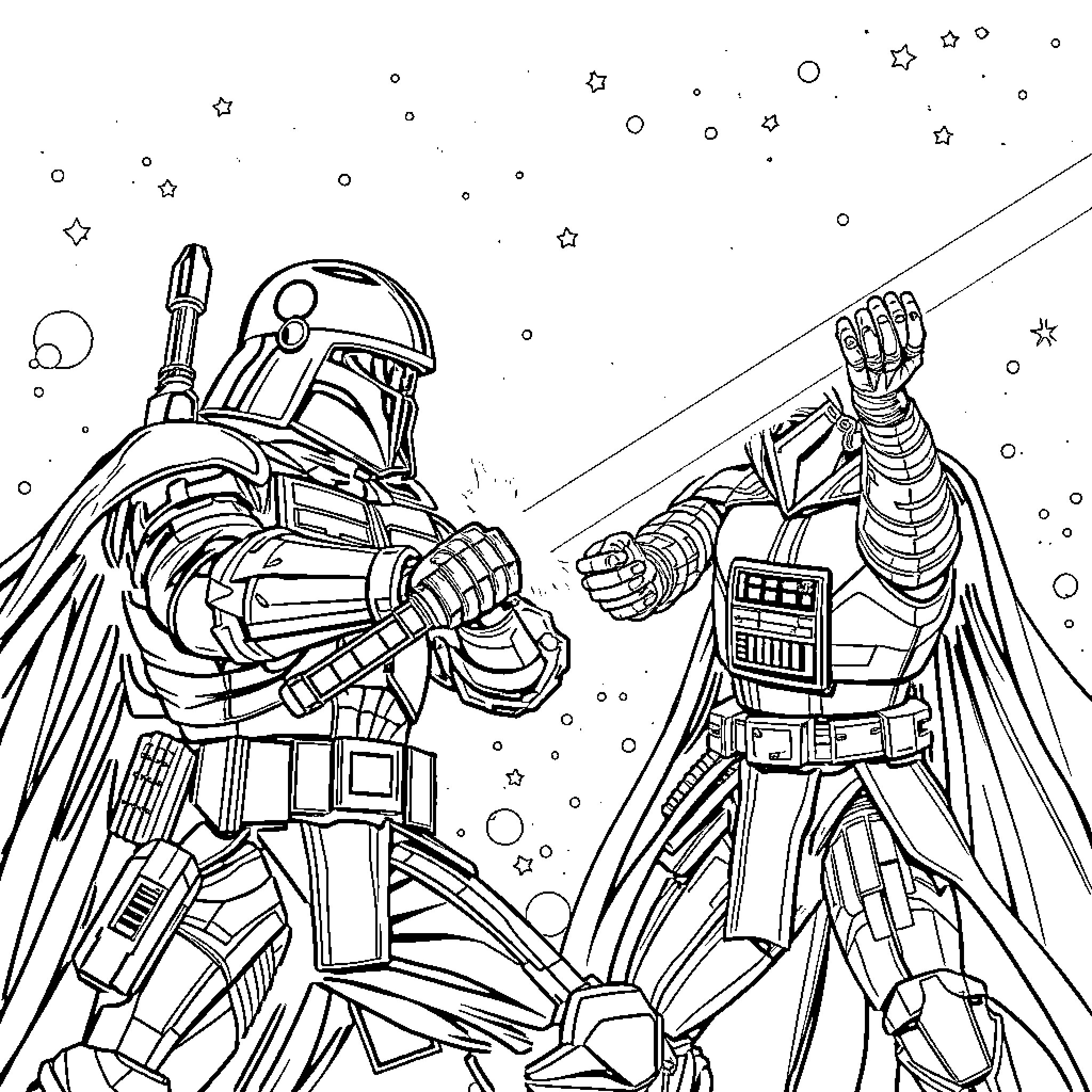 Masterchief unleashing powerful energy beams in cosmic battle Coloring Page (free black-and-white line drawing printable PDF for all, from beginners to advanced learners, including children, teens, adults, and seniors)