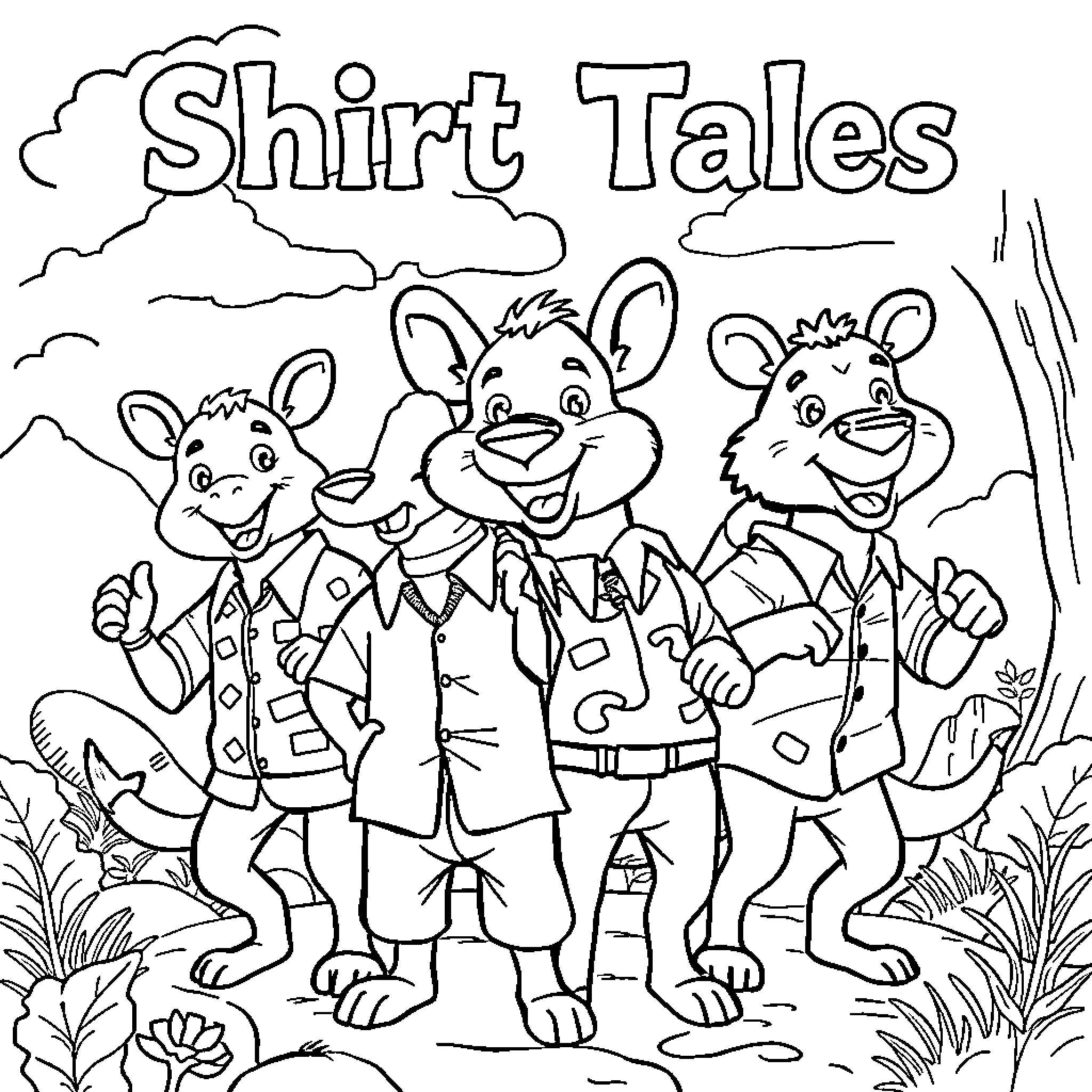 Shirt Tales: Cheerful animal friends in the great outdoors Coloring Page (free black-and-white line drawing printable PDF for all, from beginners to advanced learners, including children, teens, adults, and seniors)