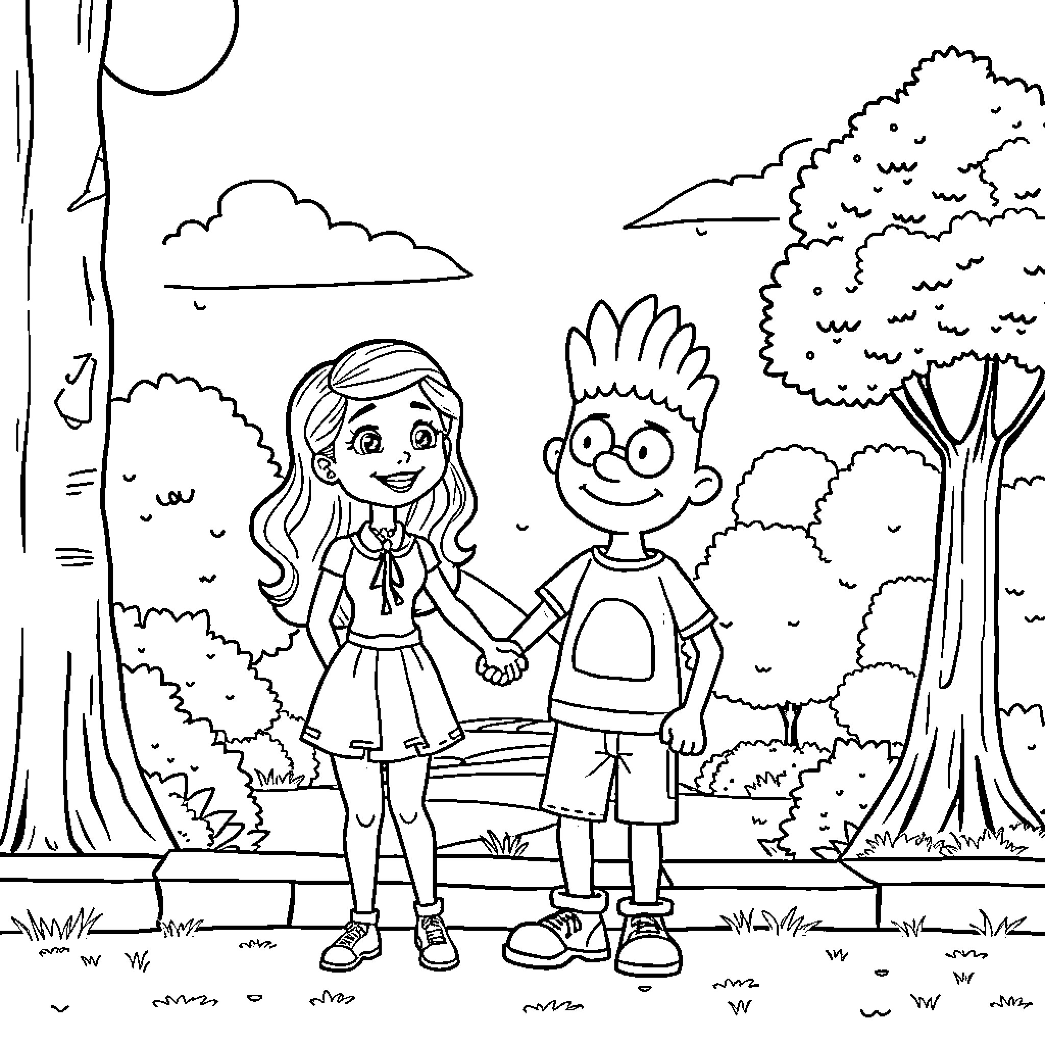 Angelica and her friend exploring the enchanted forest Coloring Page (free black-and-white line drawing printable PDF for all, from beginners to advanced learners, including children, teens, adults, and seniors)