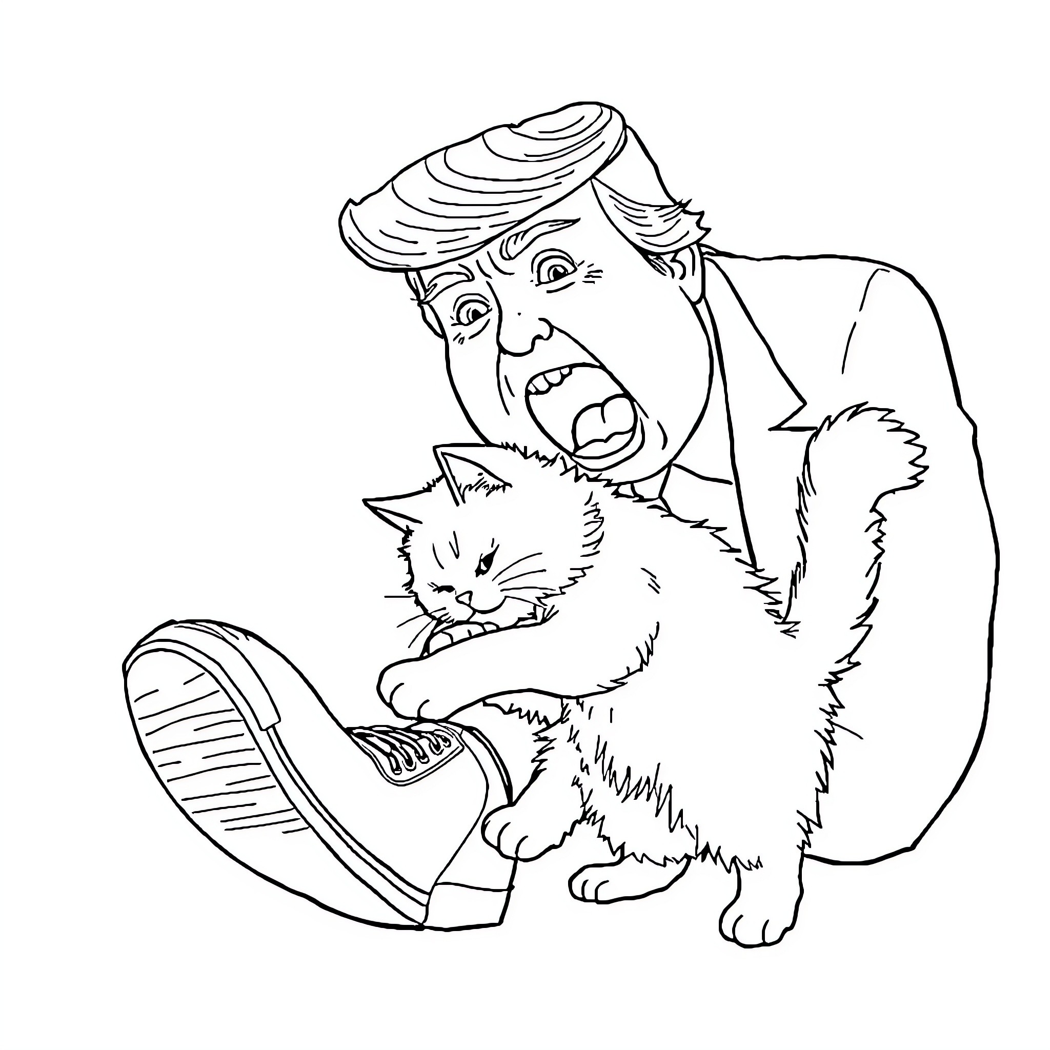 Cat Caretaker Tending to Feline Companion Coloring Page (free black-and-white line drawing printable PDF for all, from beginners to advanced learners, including children, teens, adults, and seniors)