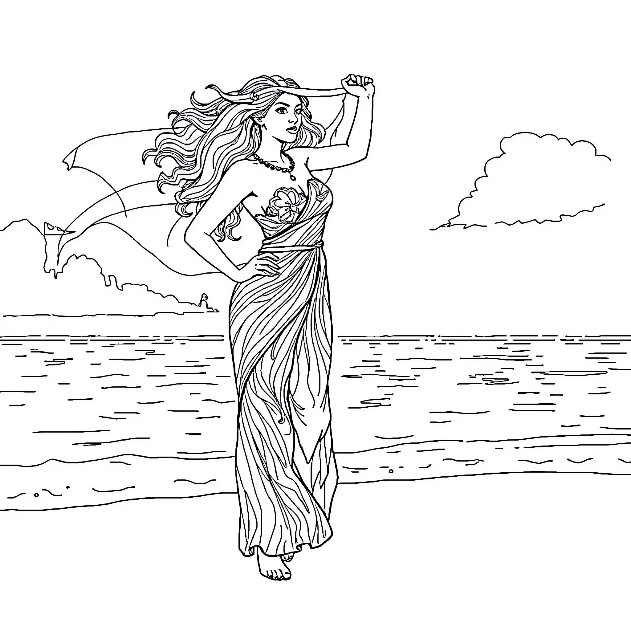 Vahines basking in the coastal breeze Coloring Page (free black-and-white line drawing printable PDF for all, from beginners to advanced learners, including children, teens, adults, and seniors)