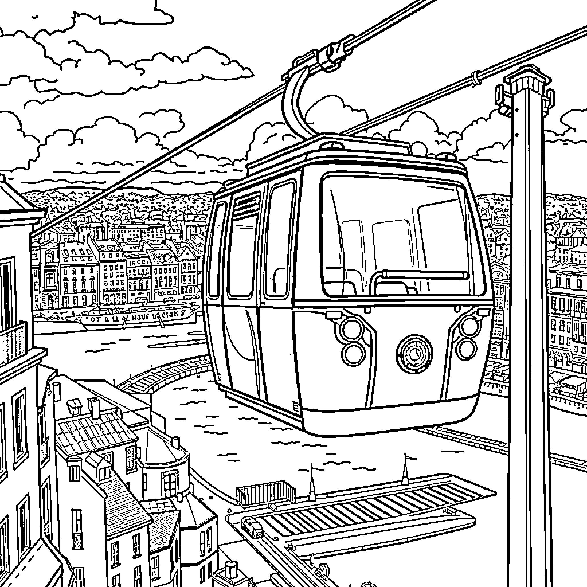 Cable Car transporting passengers in a bustling city scene Coloring Page (free black-and-white line drawing printable PDF for all, from beginners to advanced learners, including children, teens, adults, and seniors)