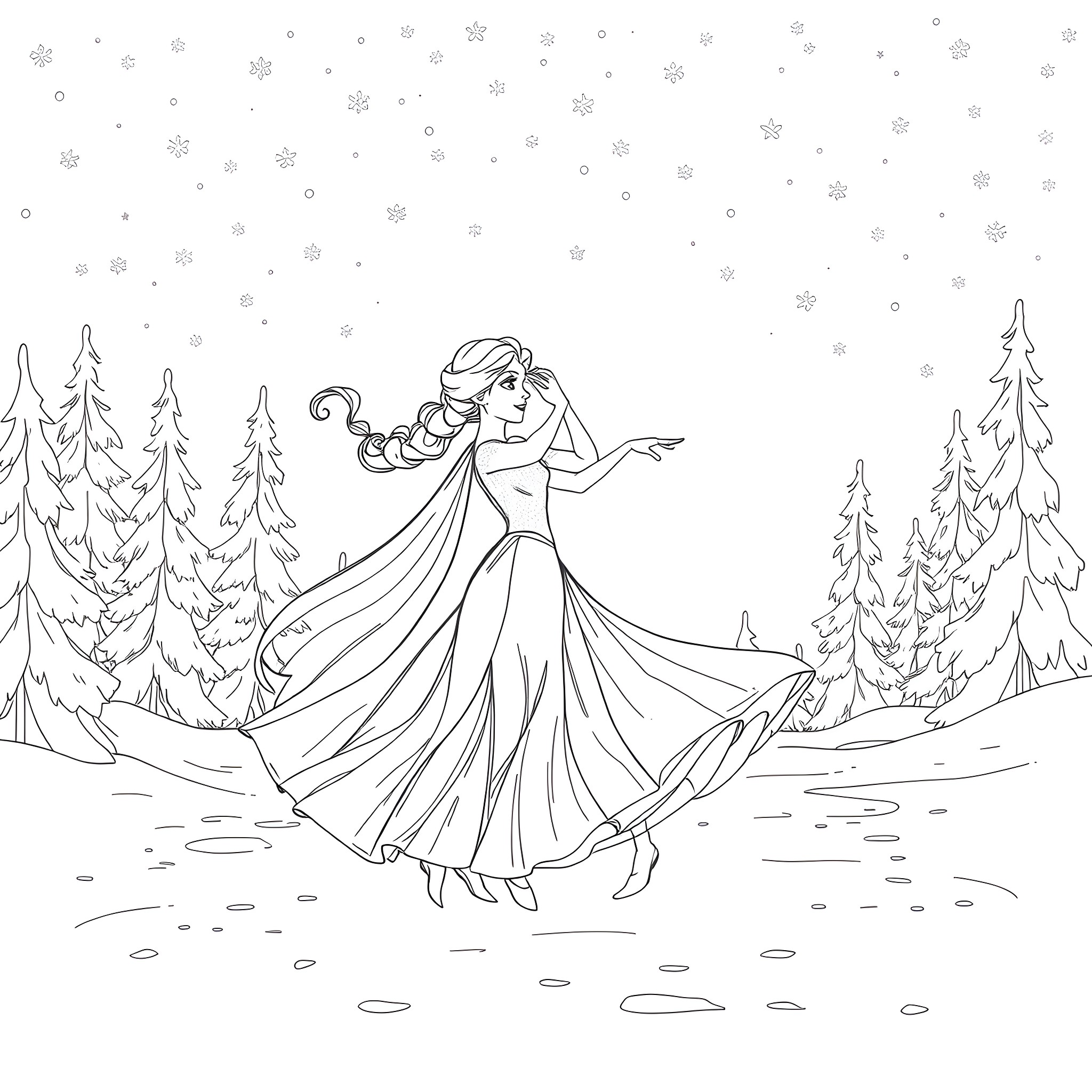 Elsa dancing gracefully in a winter wonderland Coloring Page (free black-and-white line drawing printable PDF for all, from beginners to advanced learners, including children, teens, adults, and seniors)