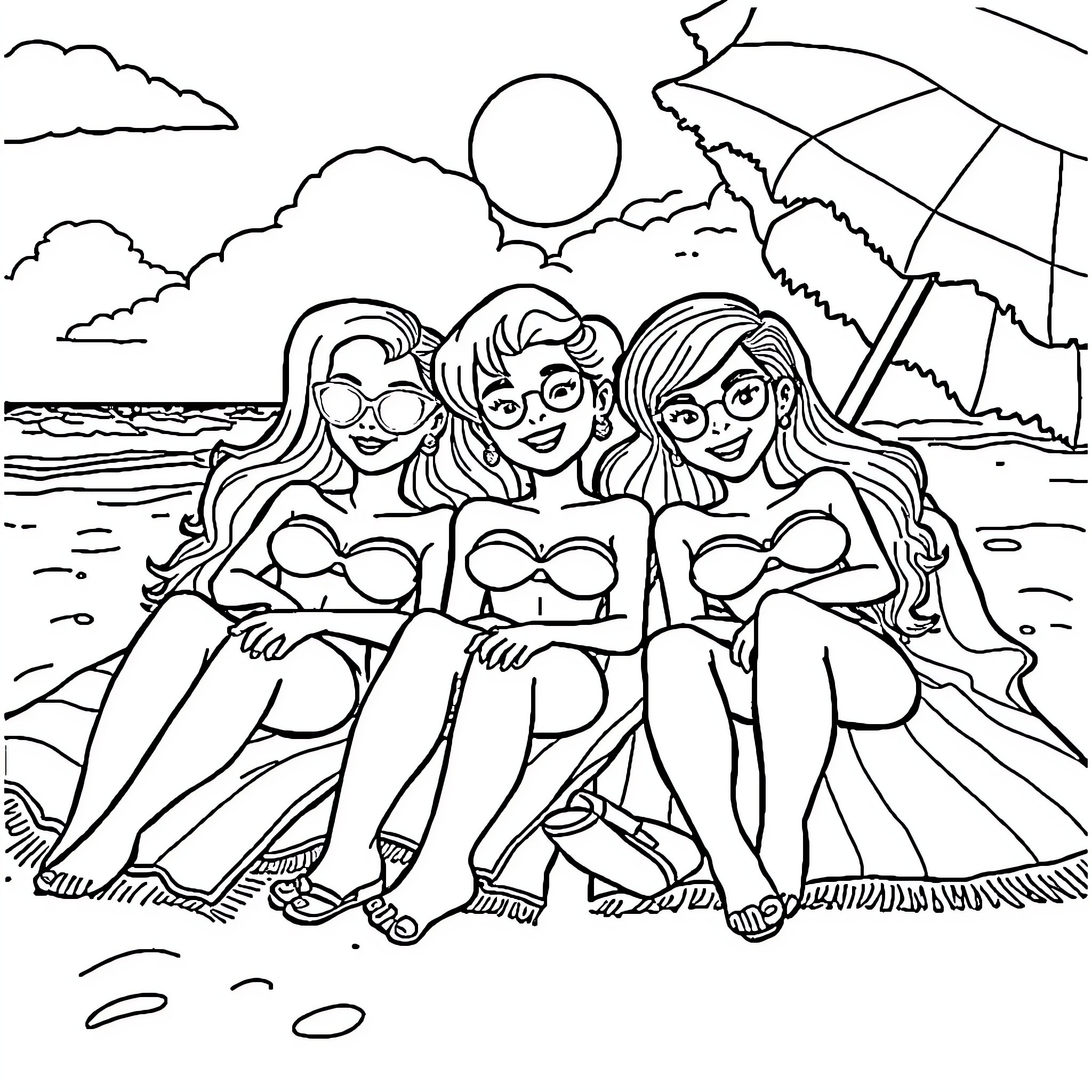 Spy trio sunbathing on the beach Coloring Page (free black-and-white line drawing printable PDF for all, from beginners to advanced learners, including children, teens, adults, and seniors)