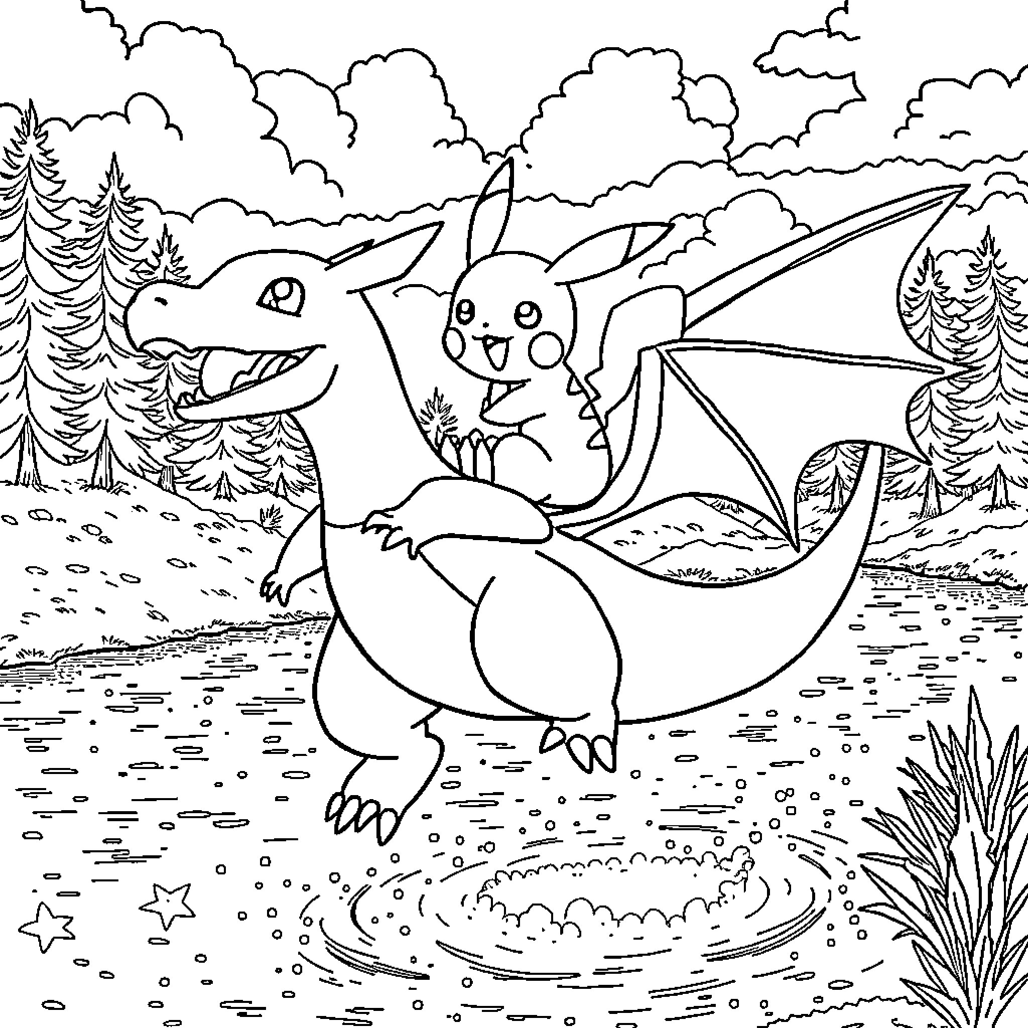 Pikachu riding on a friendly dragon Coloring Page (free black-and-white line drawing printable PDF for all, from beginners to advanced learners, including children, teens, adults, and seniors)