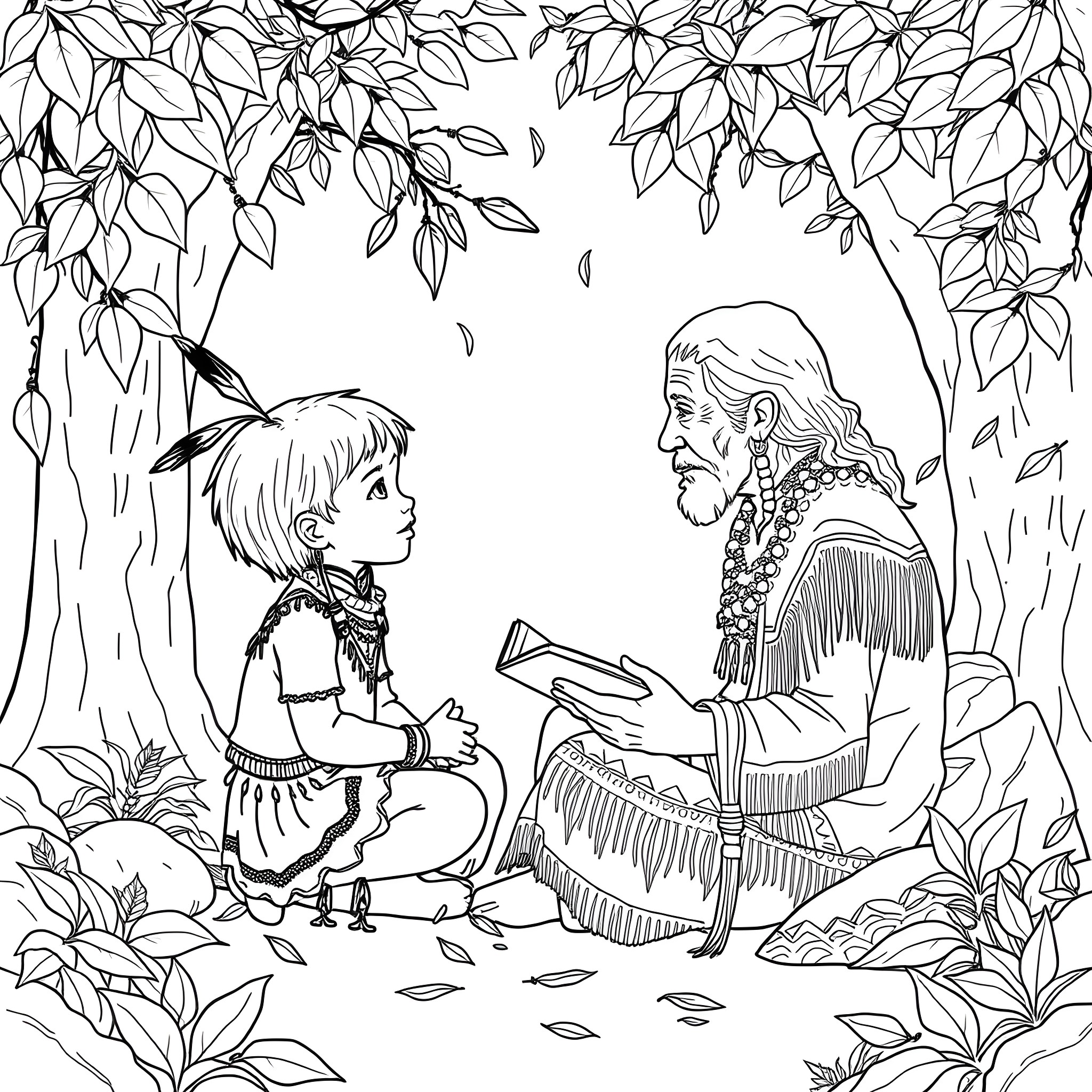 Cherokee Child Listening to Elder's Storytelling Coloring Page (free black-and-white line drawing printable PDF for all, from beginners to advanced learners, including children, teens, adults, and seniors)