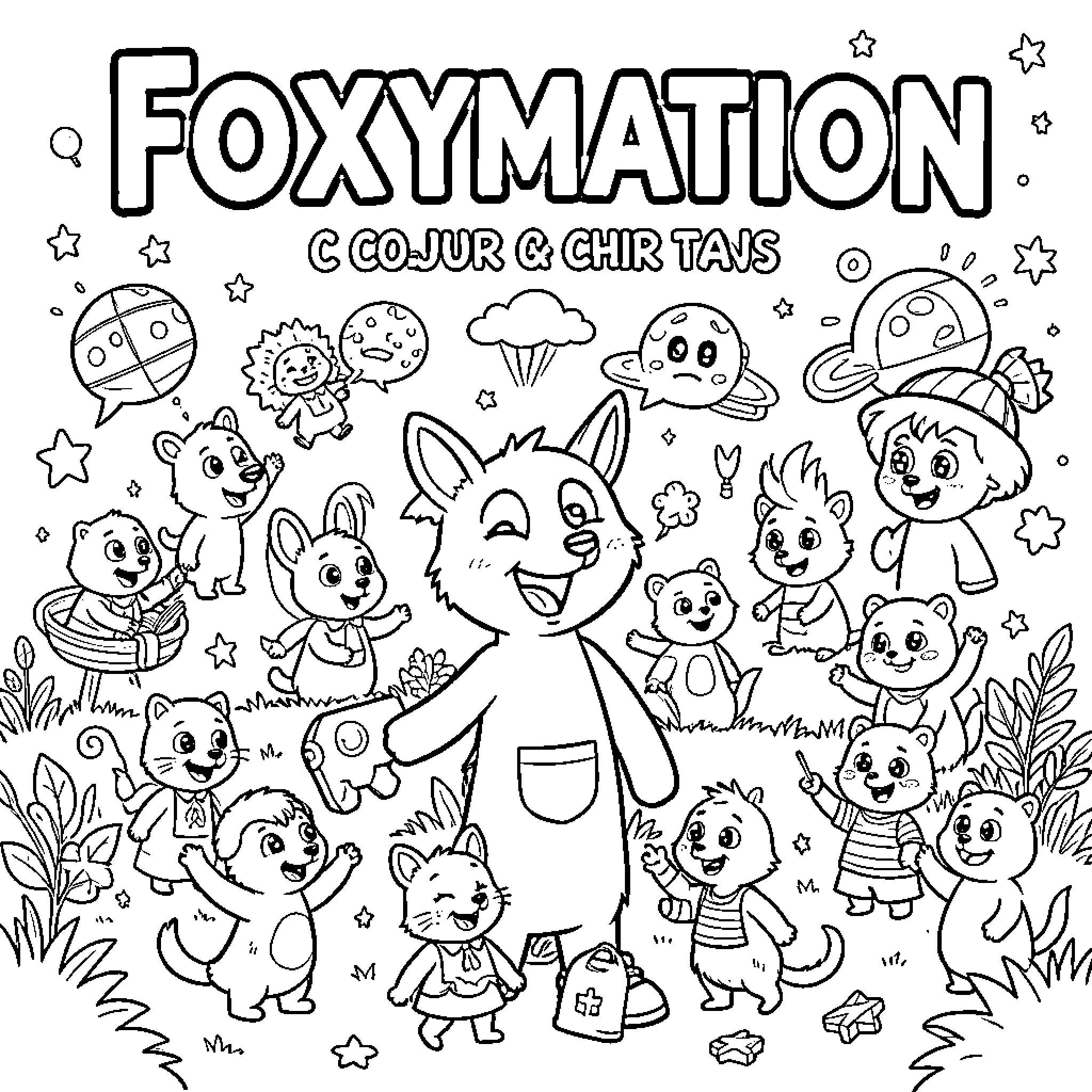 Foxy characters celebrating together in a whimsical world Coloring Page (free black-and-white line drawing printable PDF for all, from beginners to advanced learners, including children, teens, adults, and seniors)