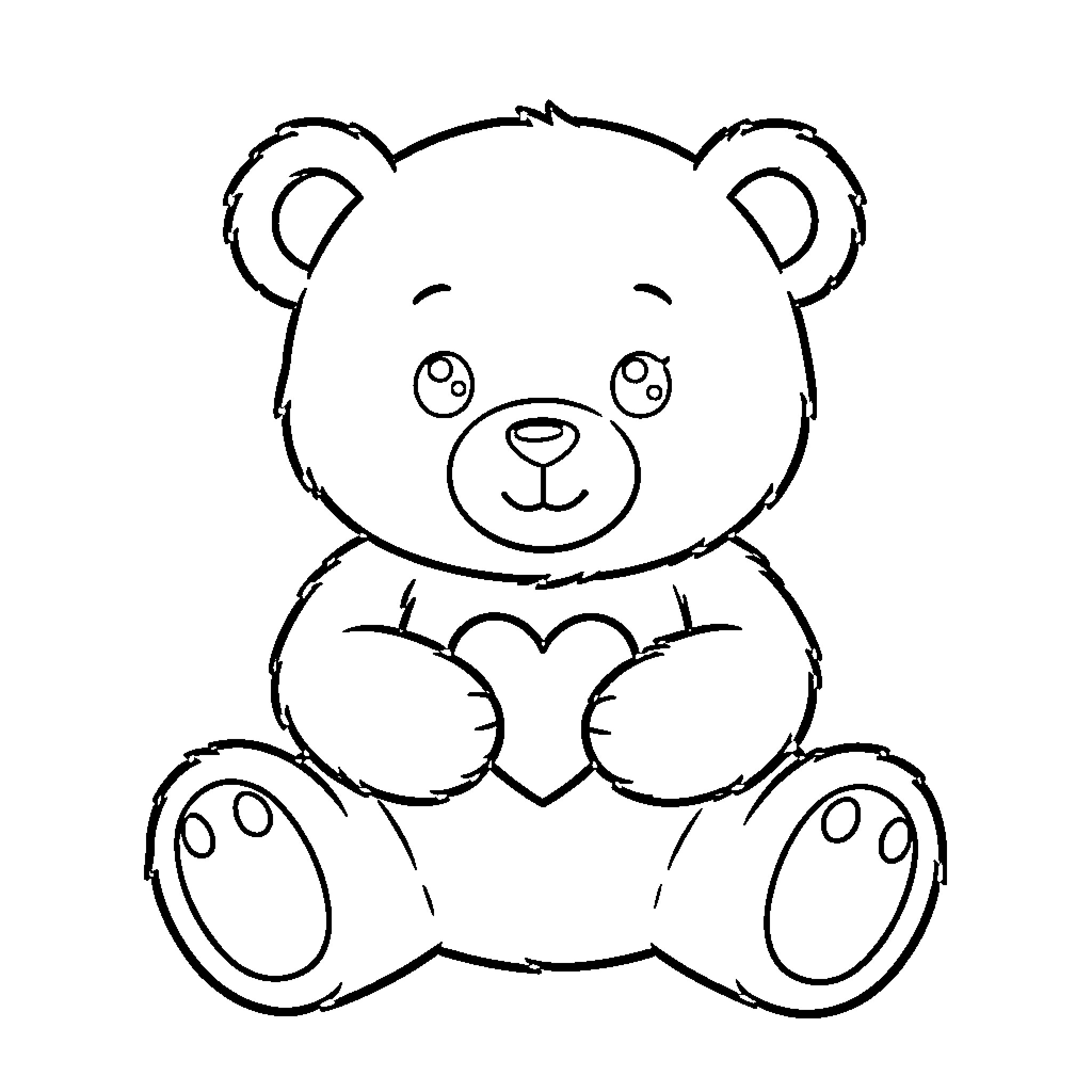 Teddy Bear sitting and holding a large heart Coloring Page (free black-and-white line drawing printable PDF for all, from beginners to advanced learners, including children, teens, adults, and seniors)