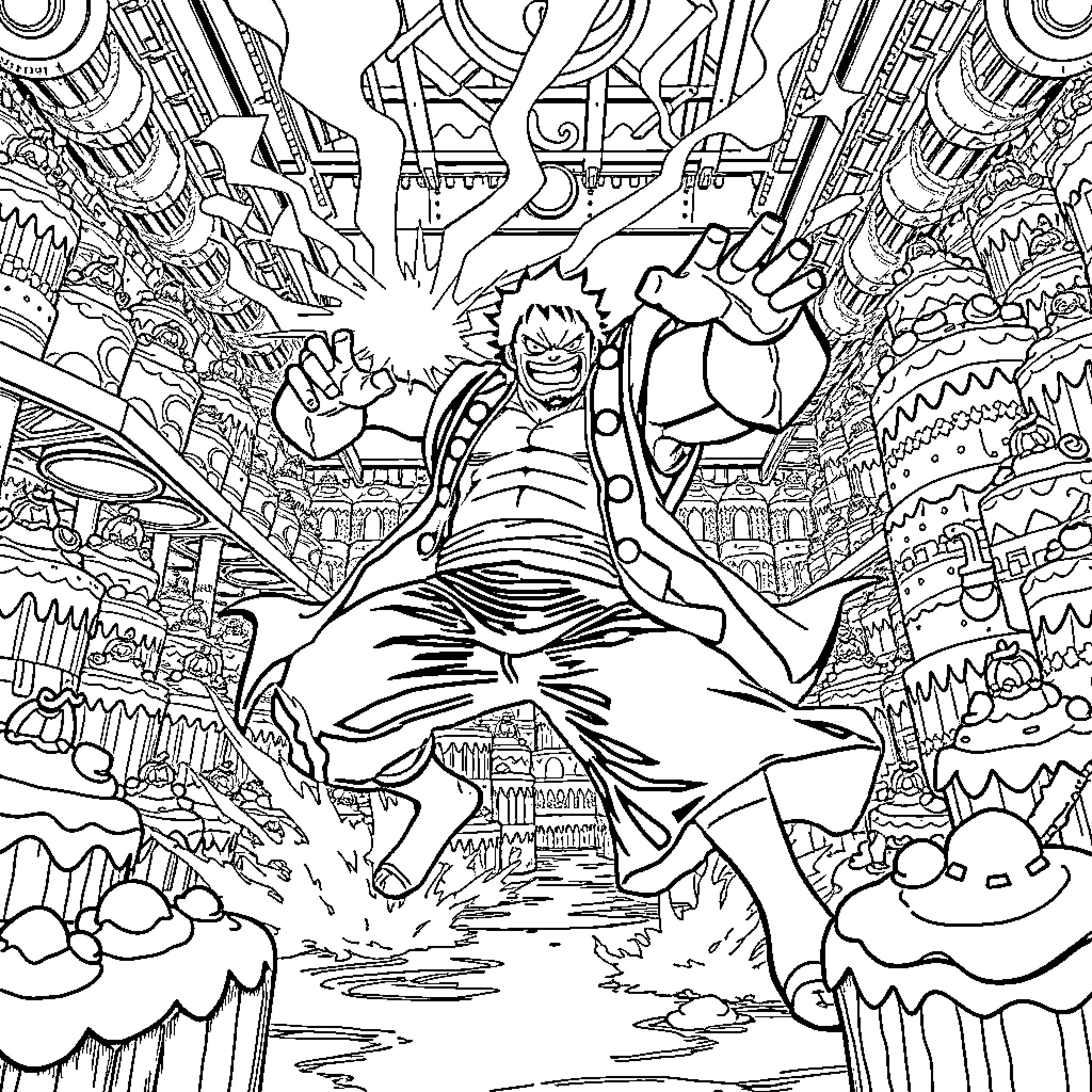 Kaido's Destructive Rampage in a Fantastical Realm Coloring Page (free black-and-white line drawing printable PDF for all, from beginners to advanced learners, including children, teens, adults, and seniors)