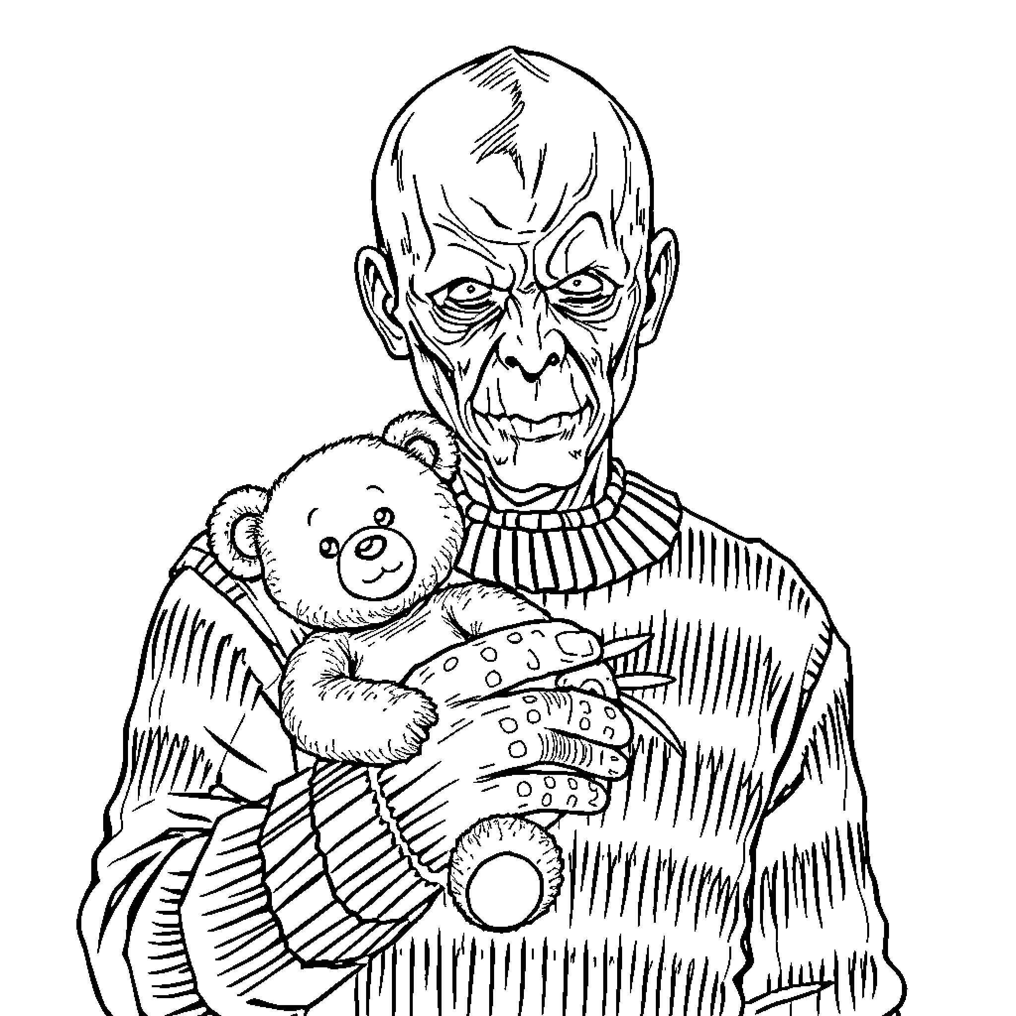 Freddy Kruger threatens with a toy stuffed animal Coloring Page (free black-and-white line drawing printable PDF for all, from beginners to advanced learners, including children, teens, adults, and seniors)