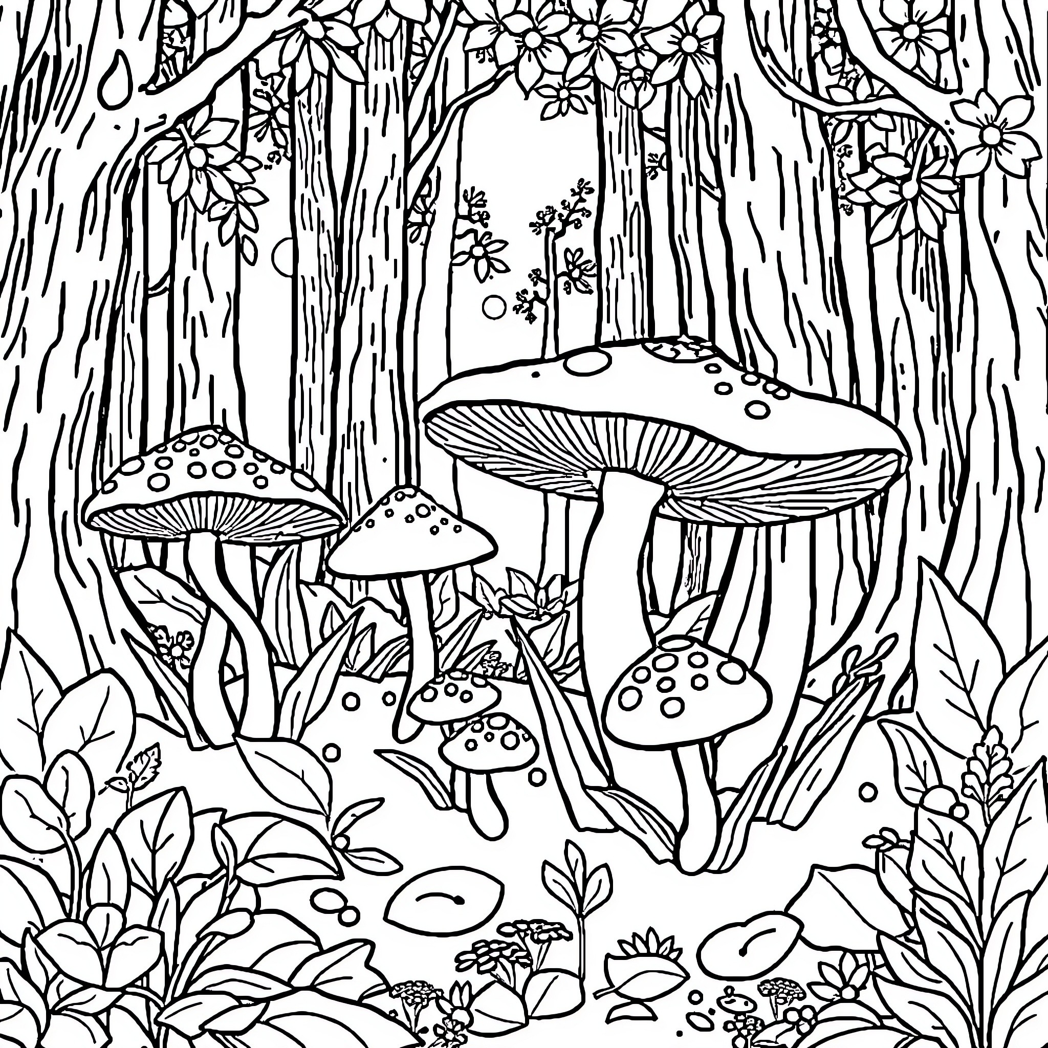 Mushroom-filled enchanted forest scene Coloring Page (free black-and-white line drawing printable PDF for all, from beginners to advanced learners, including children, teens, adults, and seniors)