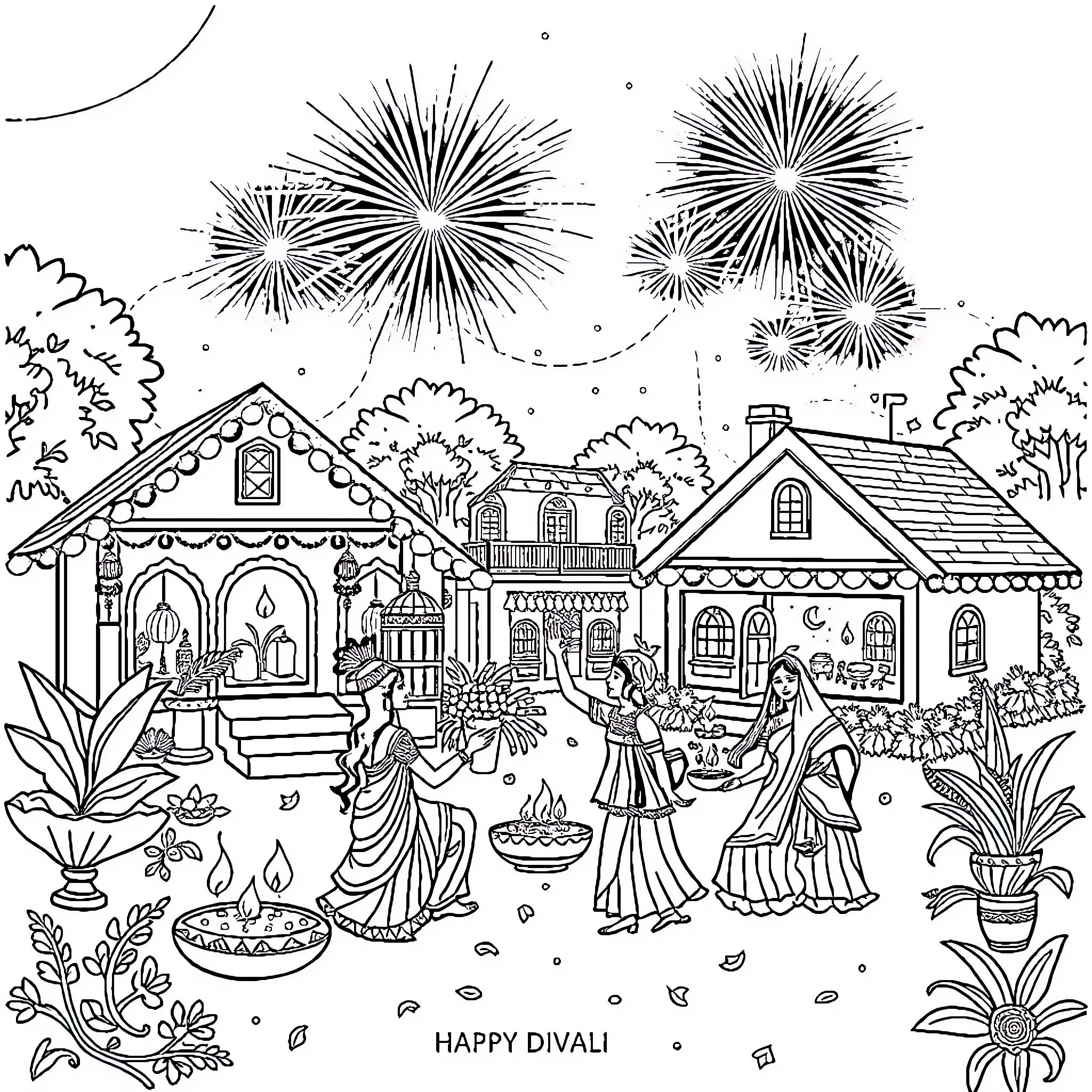 Diwali celebration with traditional costumes and fireworks Coloring Page (free black-and-white line drawing printable PDF for all, from beginners to advanced learners, including children, teens, adults, and seniors)