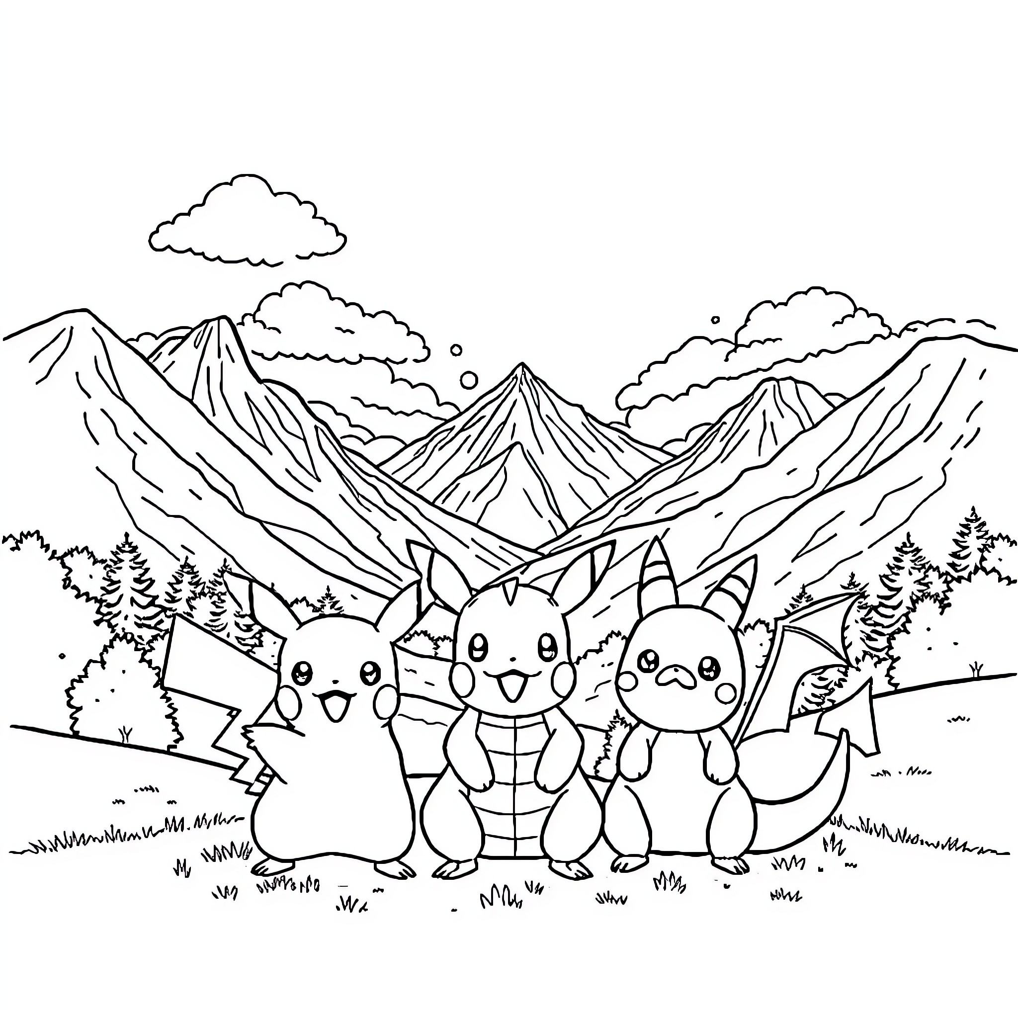 Pikachu and friends exploring the mountain landscape Coloring Page (free black-and-white line drawing printable PDF for all, from beginners to advanced learners, including children, teens, adults, and seniors)