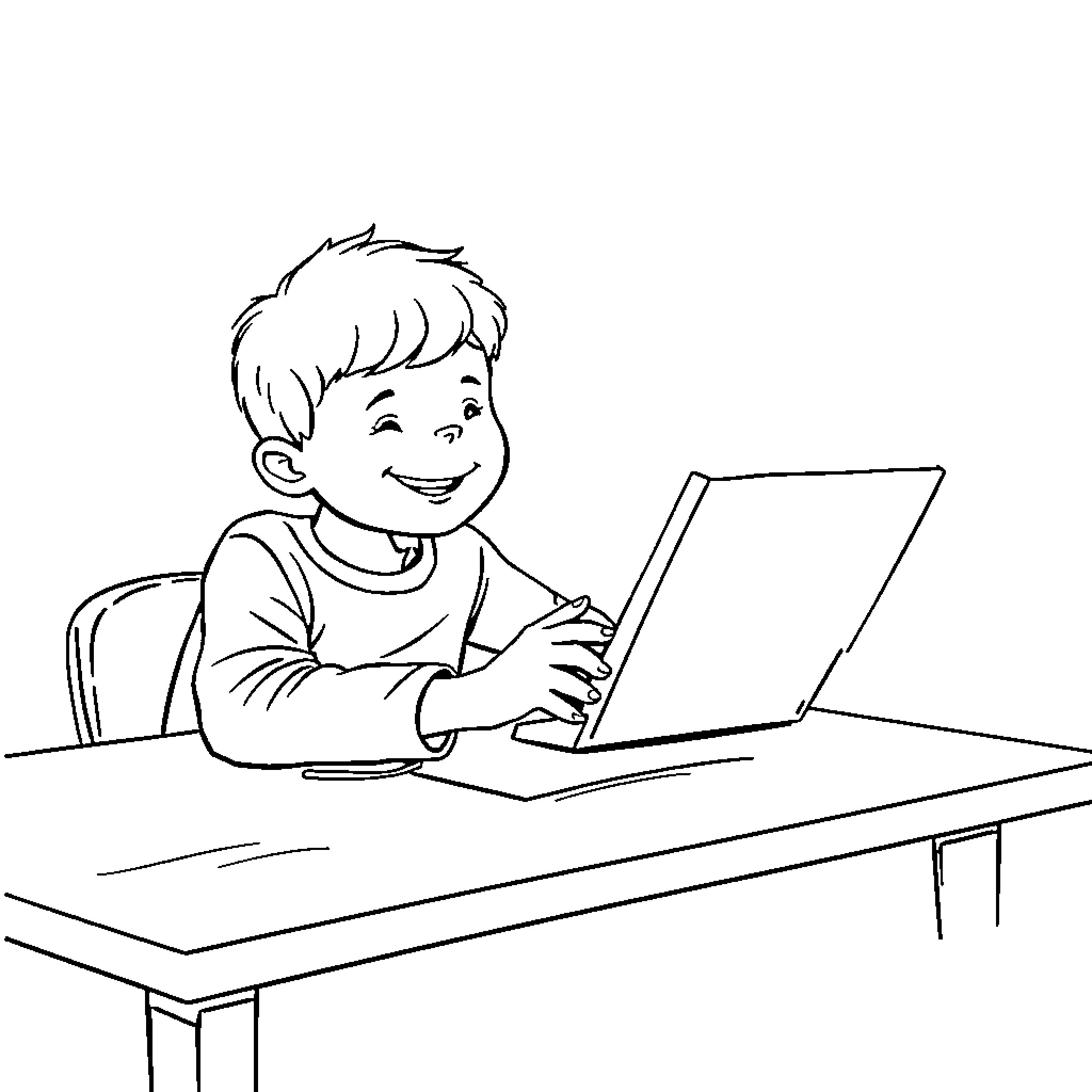 Person using laptop on desk Coloring Page (free black-and-white line drawing printable PDF for all, from beginners to advanced learners, including children, teens, adults, and seniors)