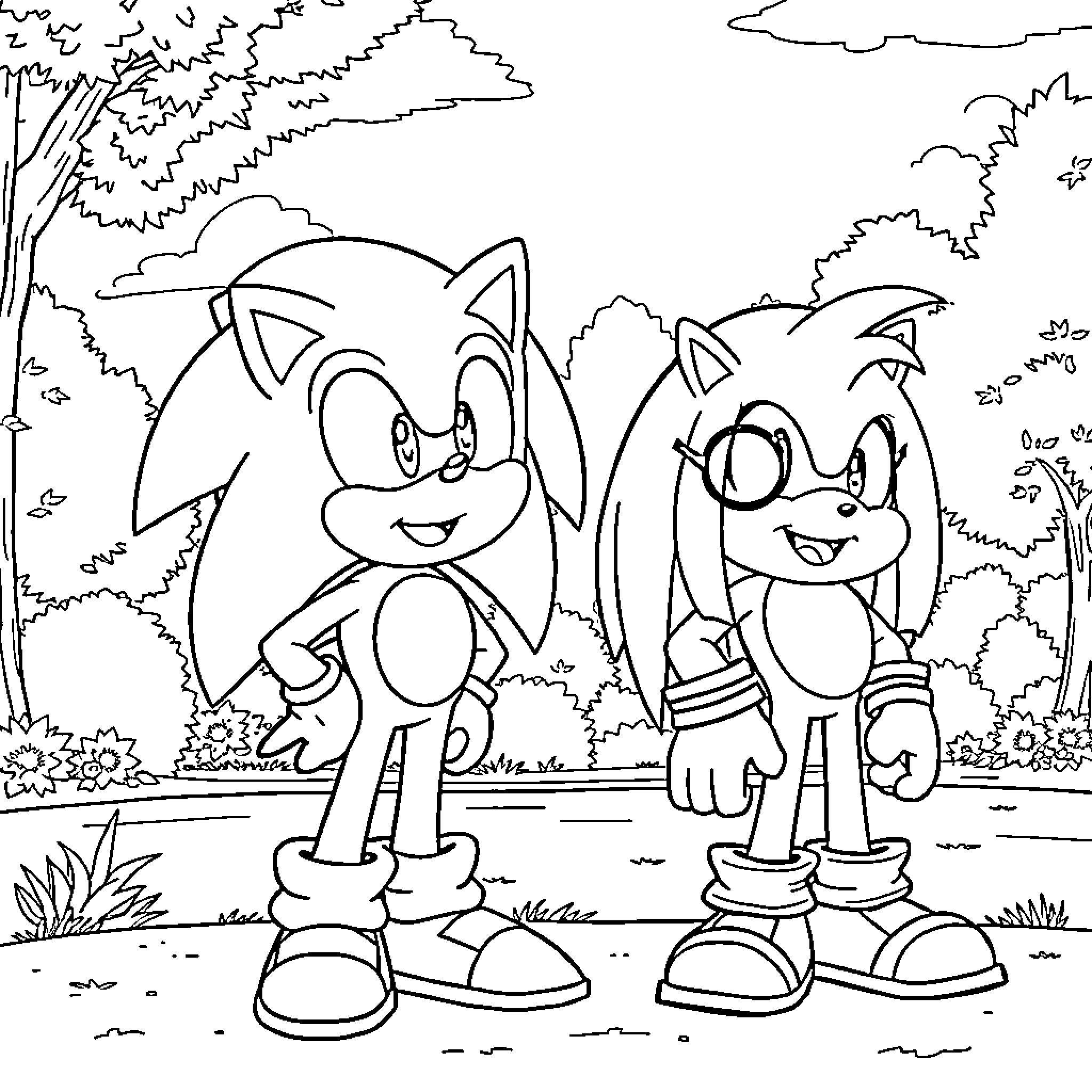 Sonic characters in a natural setting Coloring Page (free black-and-white line drawing printable PDF for all, from beginners to advanced learners, including children, teens, adults, and seniors)