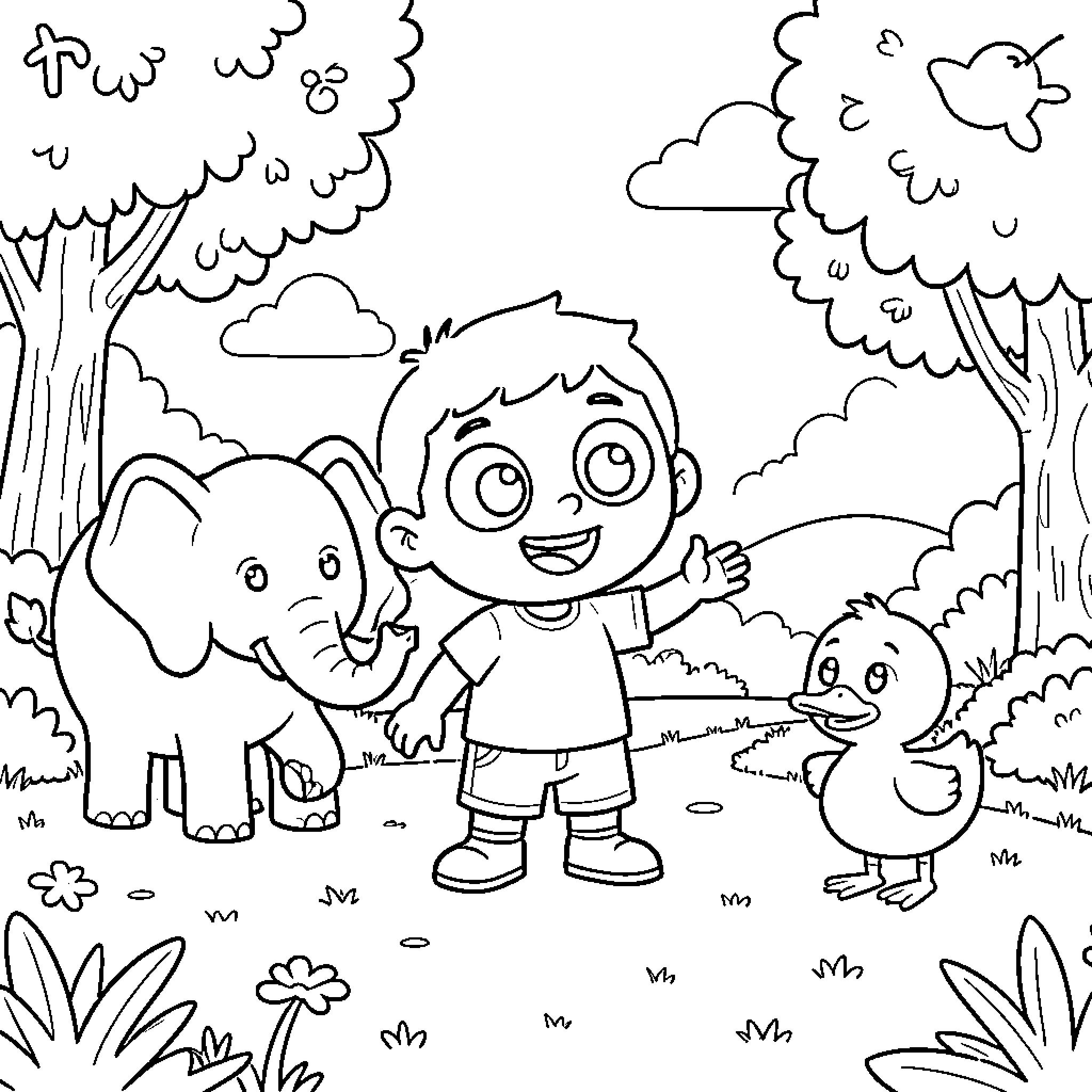 Pocoyo smiling and waving to animal friends in nature Coloring Page (free black-and-white line drawing printable PDF for all, from beginners to advanced learners, including children, teens, adults, and seniors)