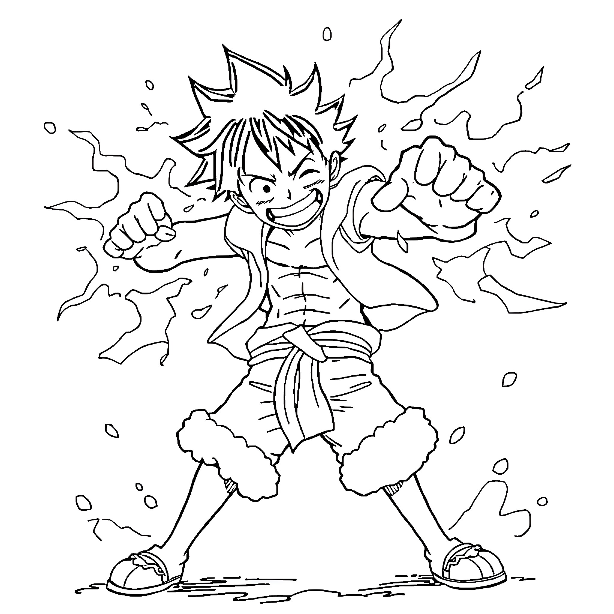 Luffy's Energetic Anime Adventure Coloring Page (free black-and-white line drawing printable PDF for all, from beginners to advanced learners, including children, teens, adults, and seniors)
