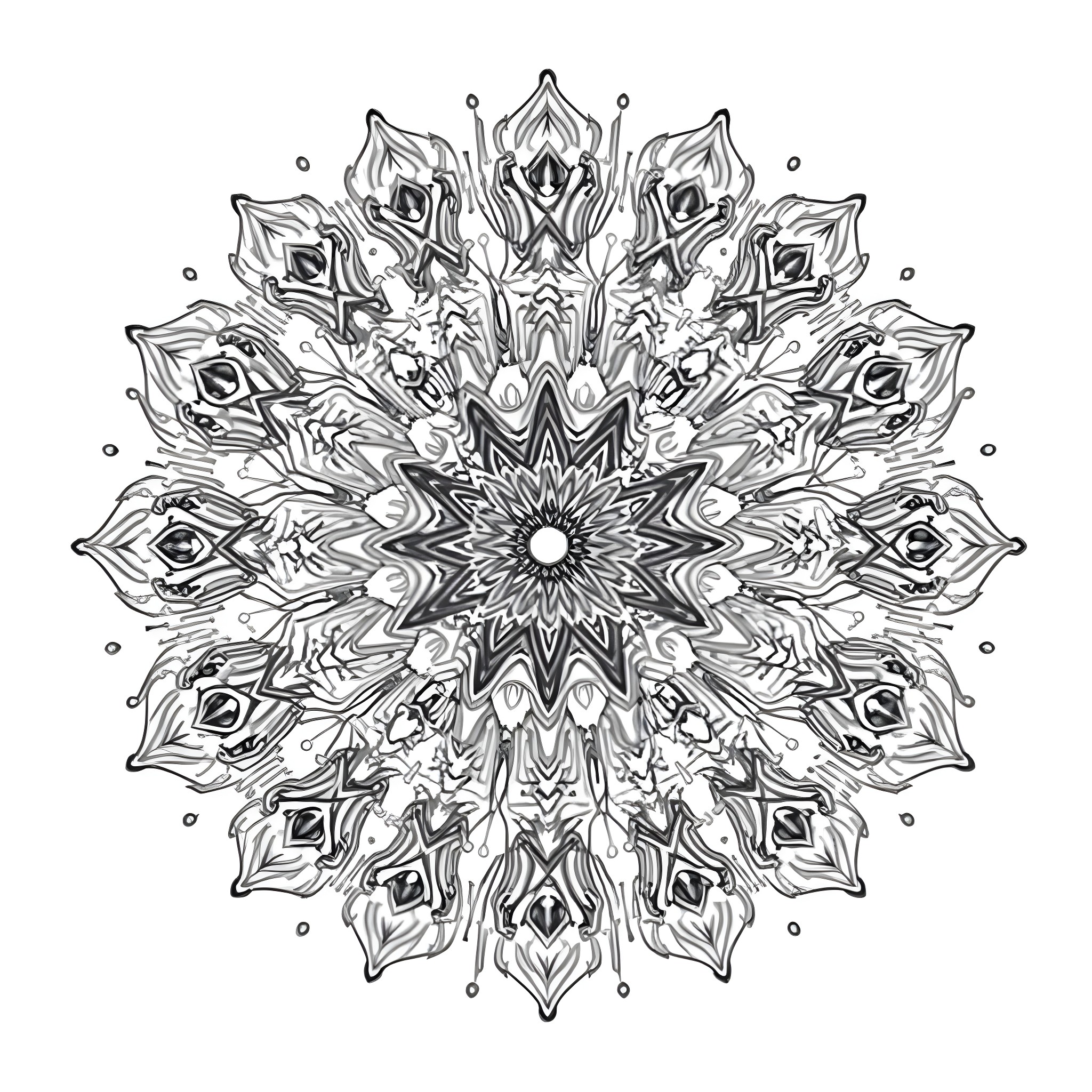 Mandala of intricate symmetrical patterns Coloring Page (free black-and-white line drawing printable PDF for all, from beginners to advanced learners, including children, teens, adults, and seniors)