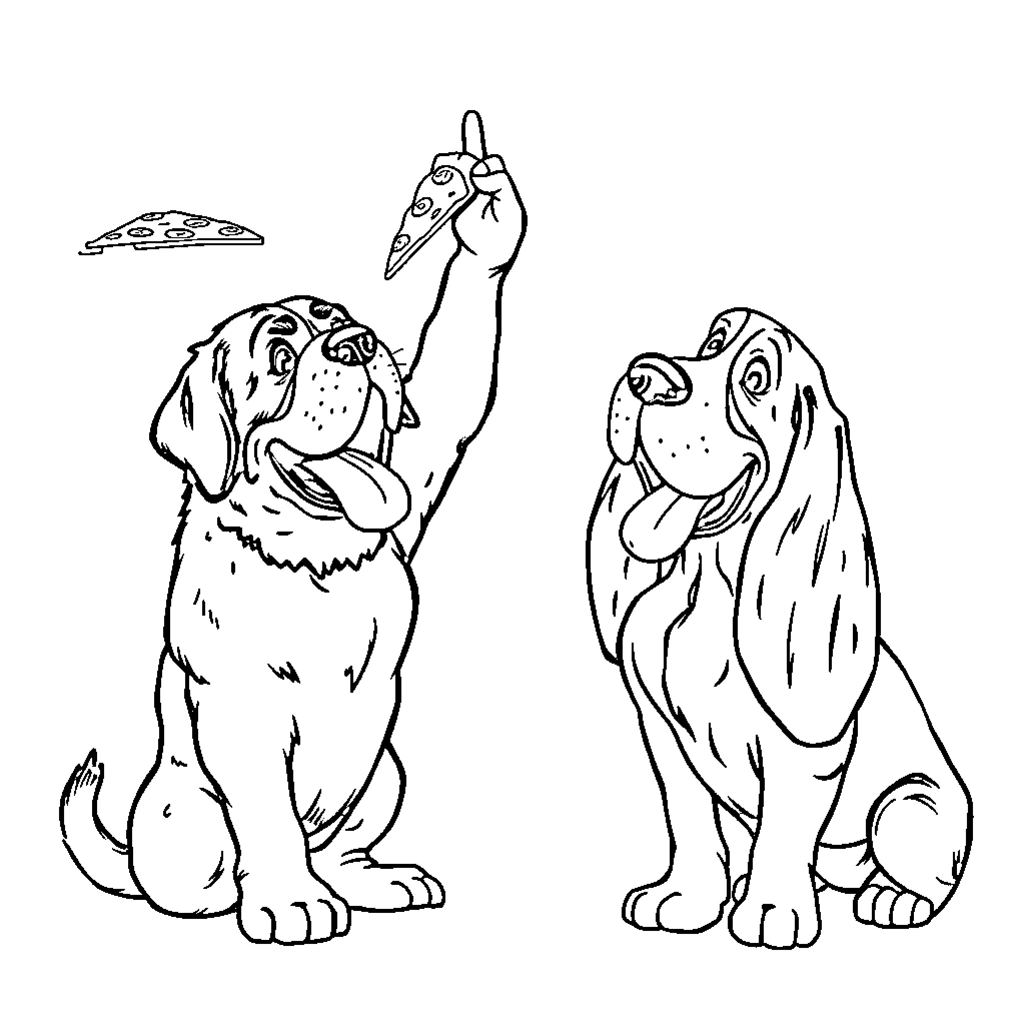 Saint Bernard Dogs Playing with Pizza Coloring Page (free black-and-white line drawing printable PDF for all, from beginners to advanced learners, including children, teens, adults, and seniors)