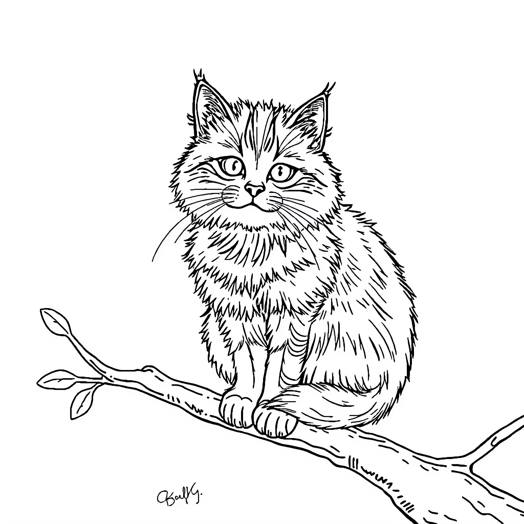 Cat sitting calmly on a tree branch Coloring Page (free black-and-white line drawing printable PDF for all, from beginners to advanced learners, including children, teens, adults, and seniors)