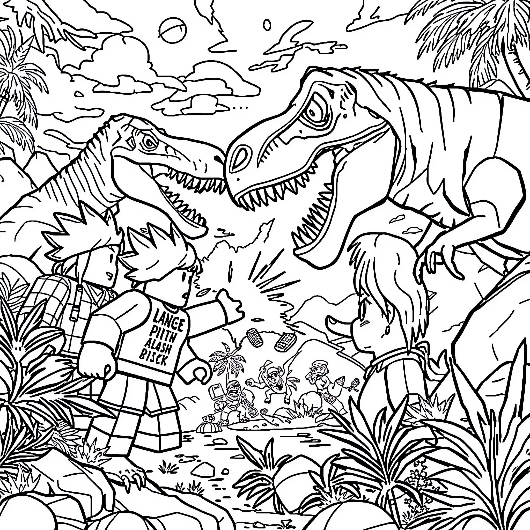 Characters explore the prehistoric jungle with dinosaurs Coloring Page (free black-and-white line drawing printable PDF for all, from beginners to advanced learners, including children, teens, adults, and seniors)