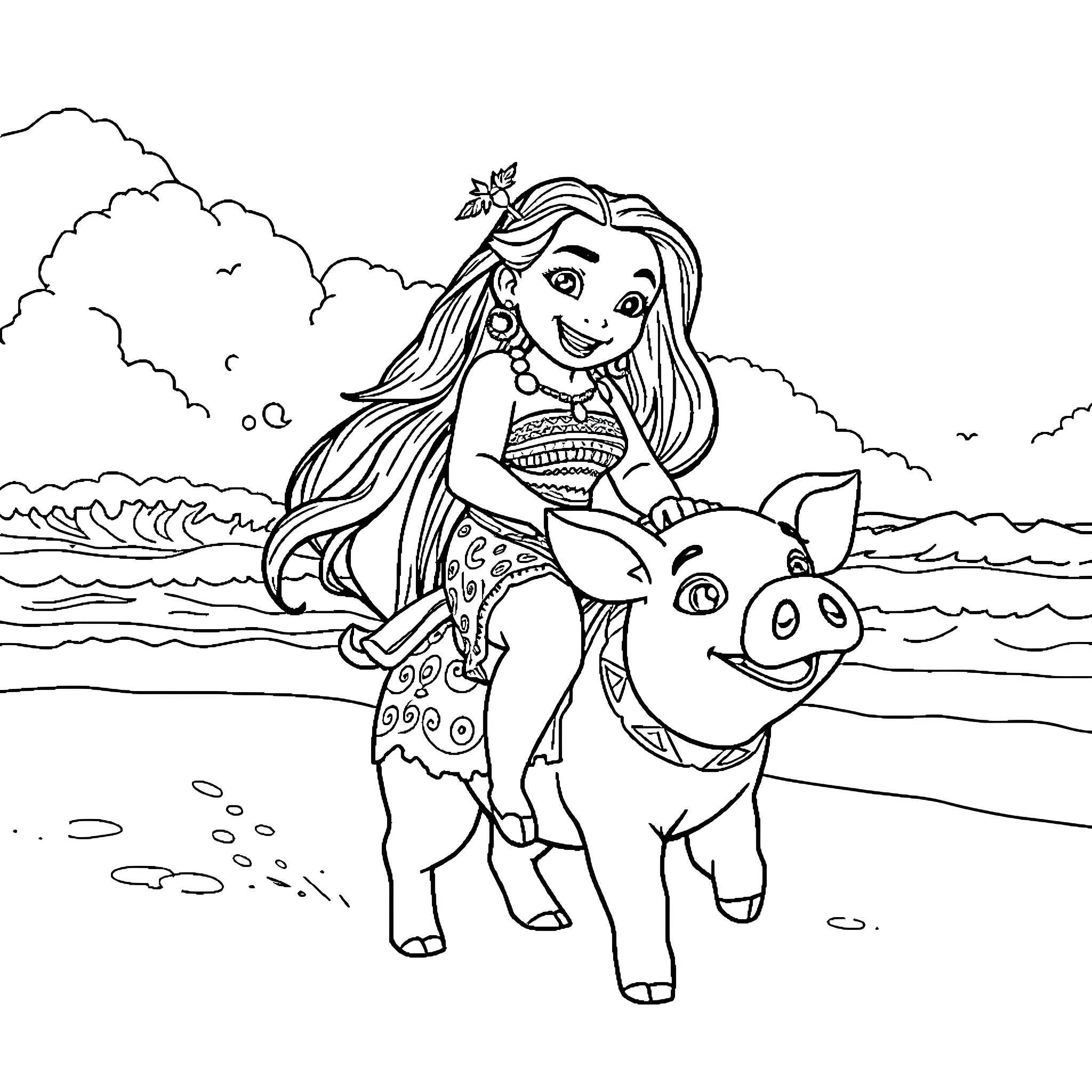 Moana's Adventure with Her Pig Companion Coloring Page (free black-and-white line drawing printable PDF for all, from beginners to advanced learners, including children, teens, adults, and seniors)