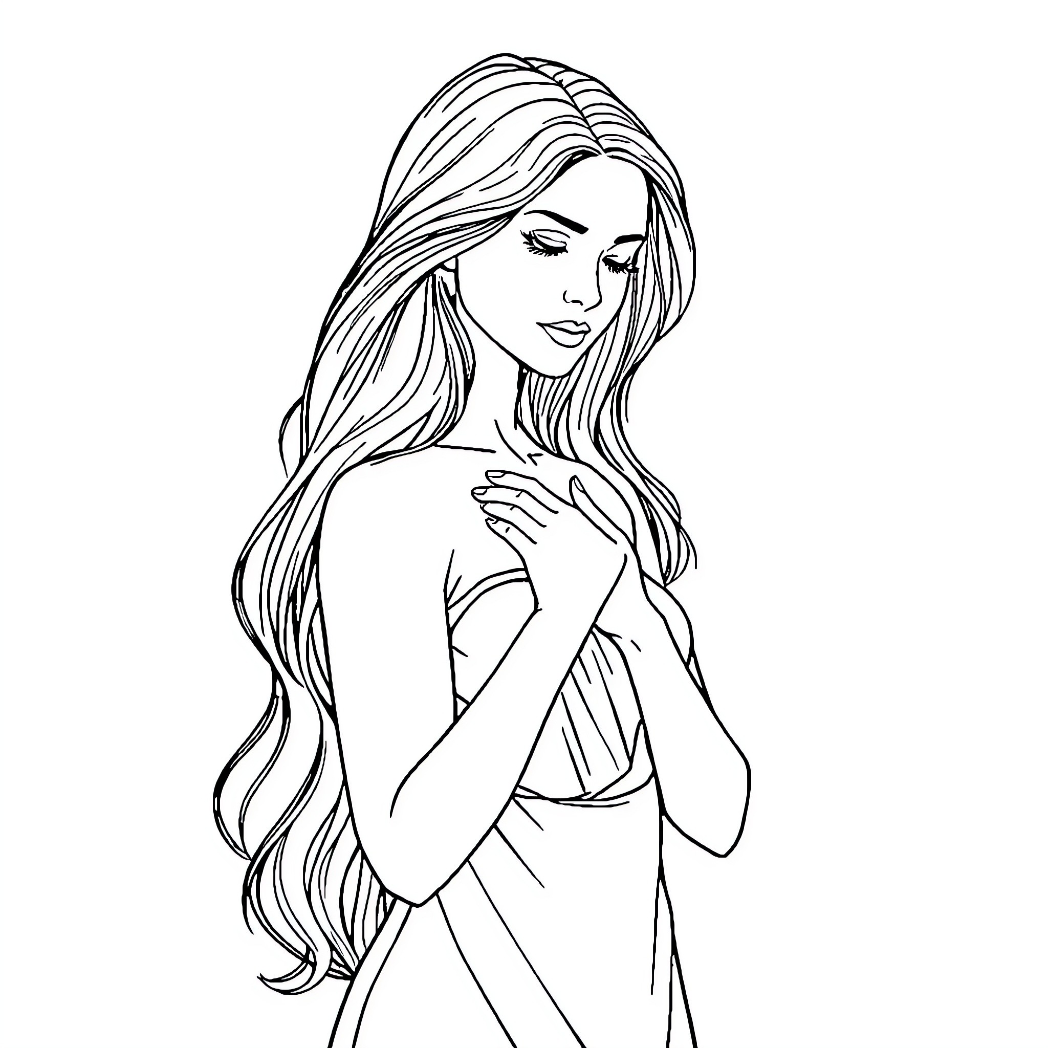 Woman with long flowing hair in elegant pose Coloring Page (free black-and-white line drawing printable PDF for all, from beginners to advanced learners, including children, teens, adults, and seniors)