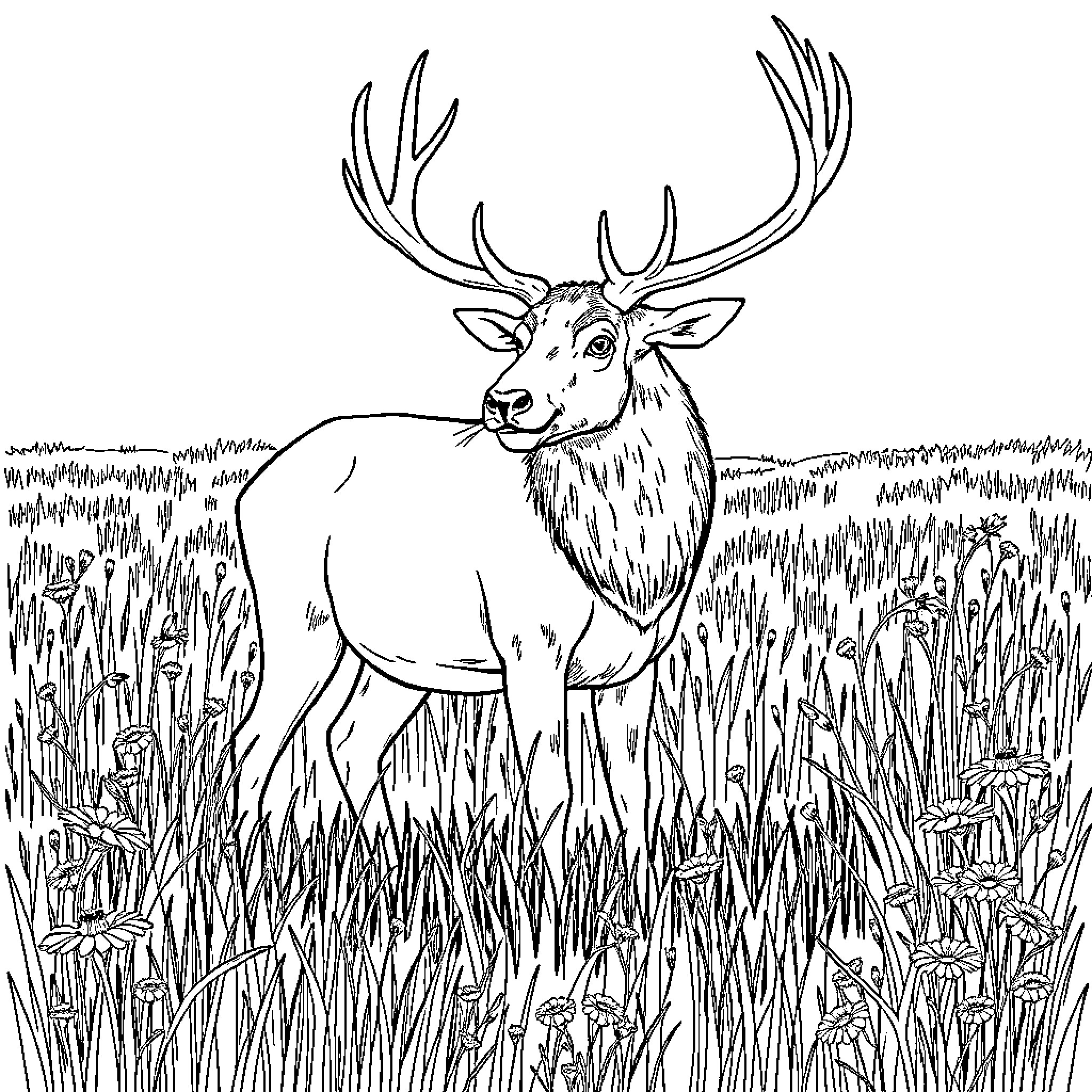 Elk standing tall in a grassy meadow Coloring Page (free black-and-white line drawing printable PDF for all, from beginners to advanced learners, including children, teens, adults, and seniors)