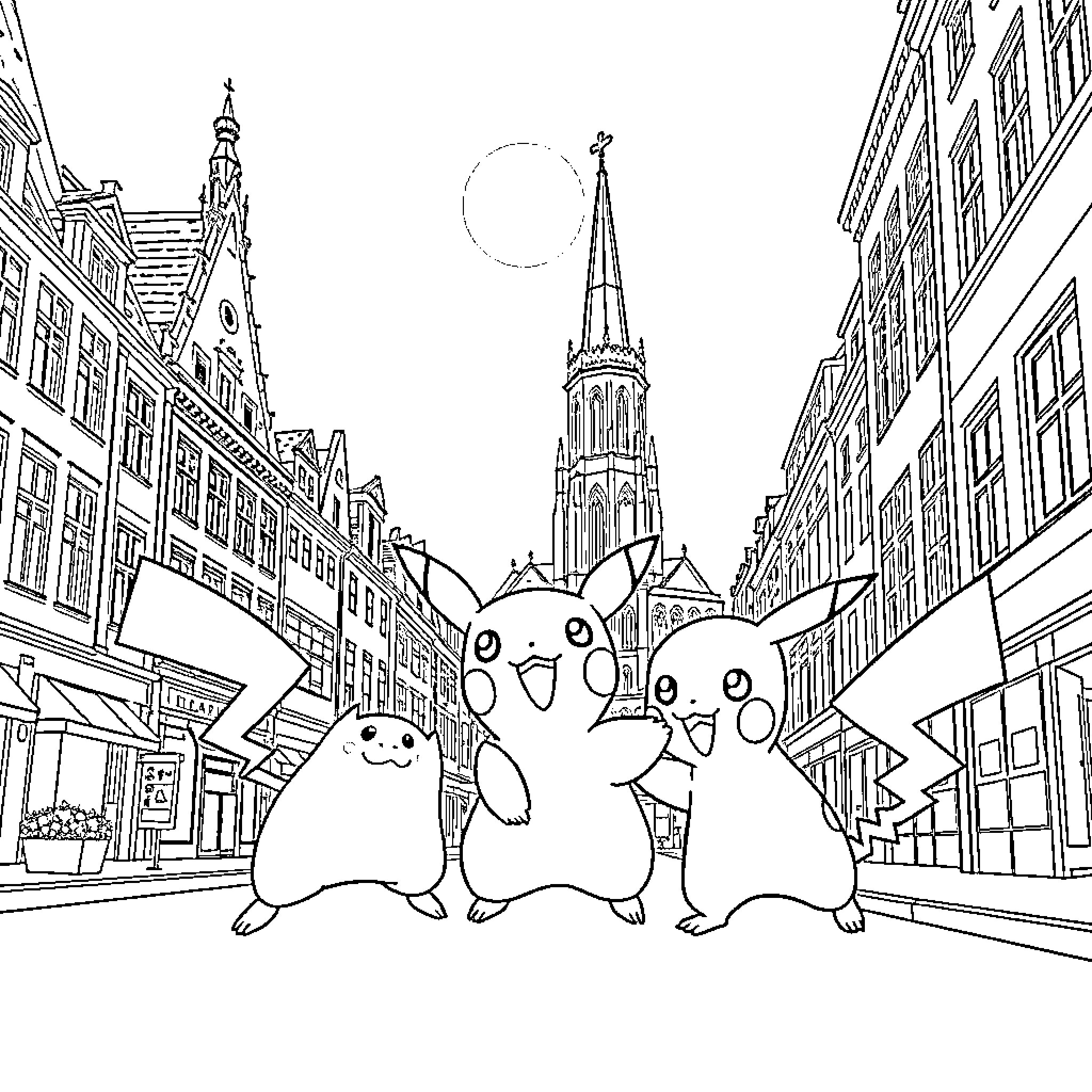 Pokémon characters exploring a city scene Coloring Page (free black-and-white line drawing printable PDF for all, from beginners to advanced learners, including children, teens, adults, and seniors)