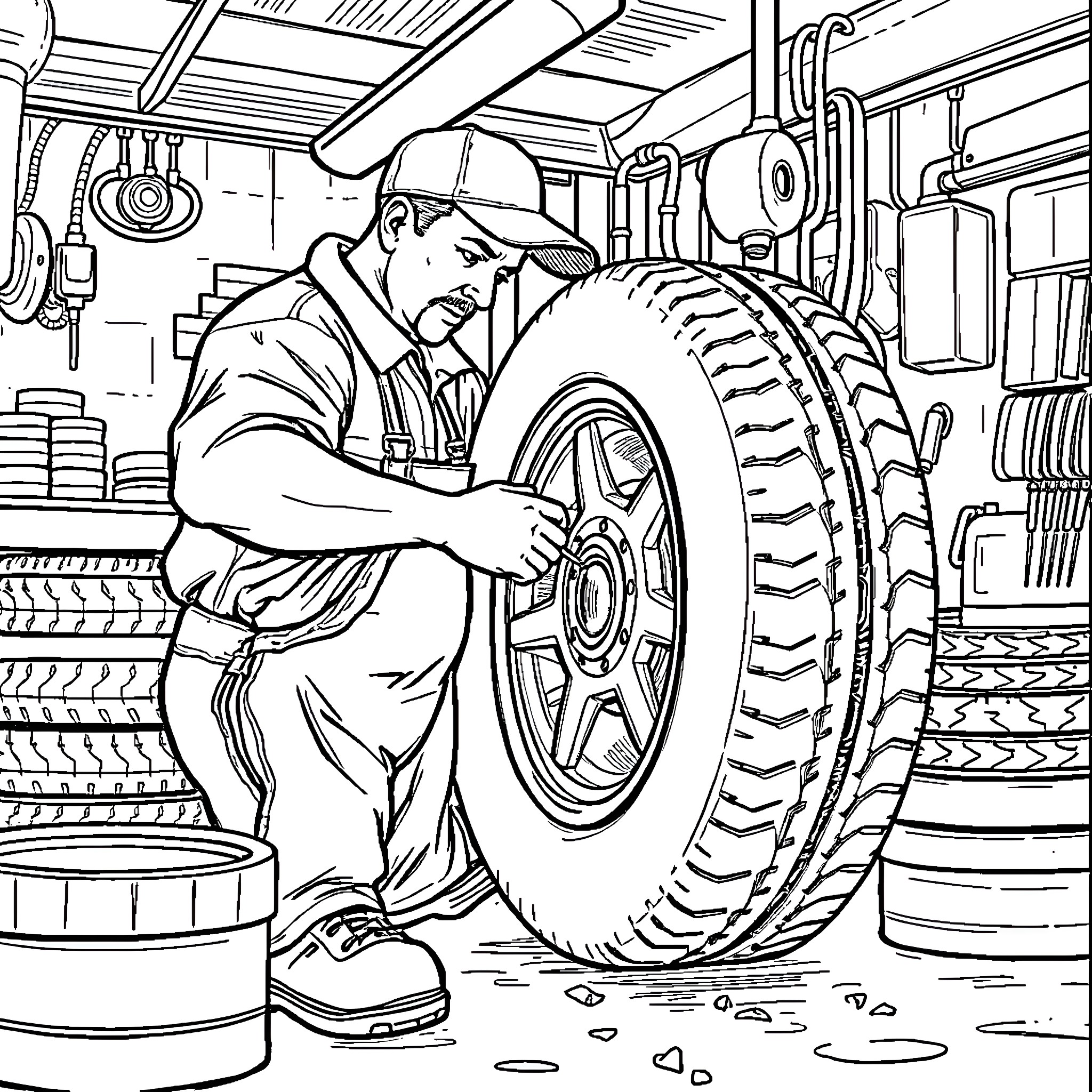 Tyre Man Repairing Automobile Tyre in Workshop Coloring Page (free black-and-white line drawing printable PDF for all, from beginners to advanced learners, including children, teens, adults, and seniors)