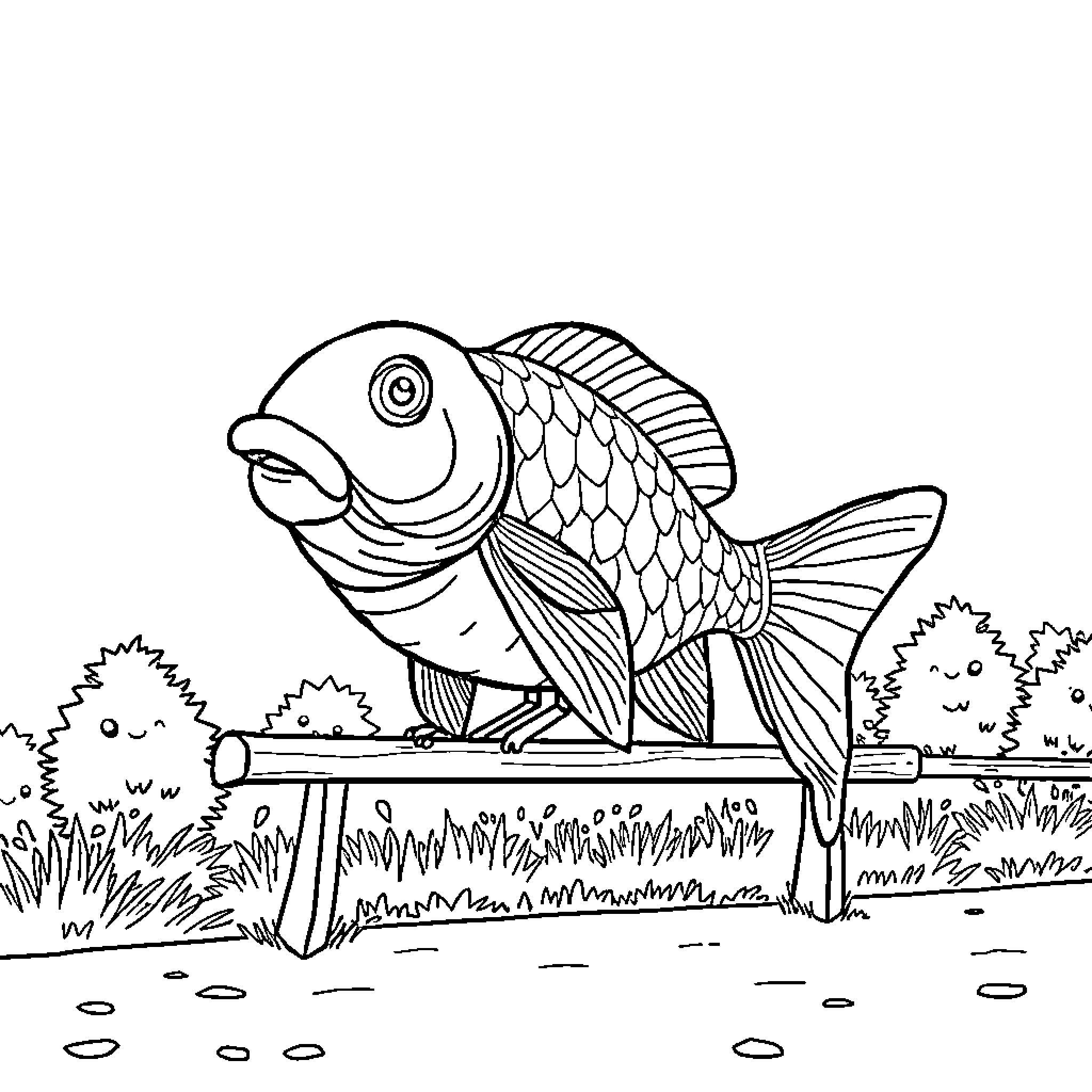 Boy Admiring the Colorful Fish in Nature Coloring Page (free black-and-white line drawing printable PDF for all, from beginners to advanced learners, including children, teens, adults, and seniors)