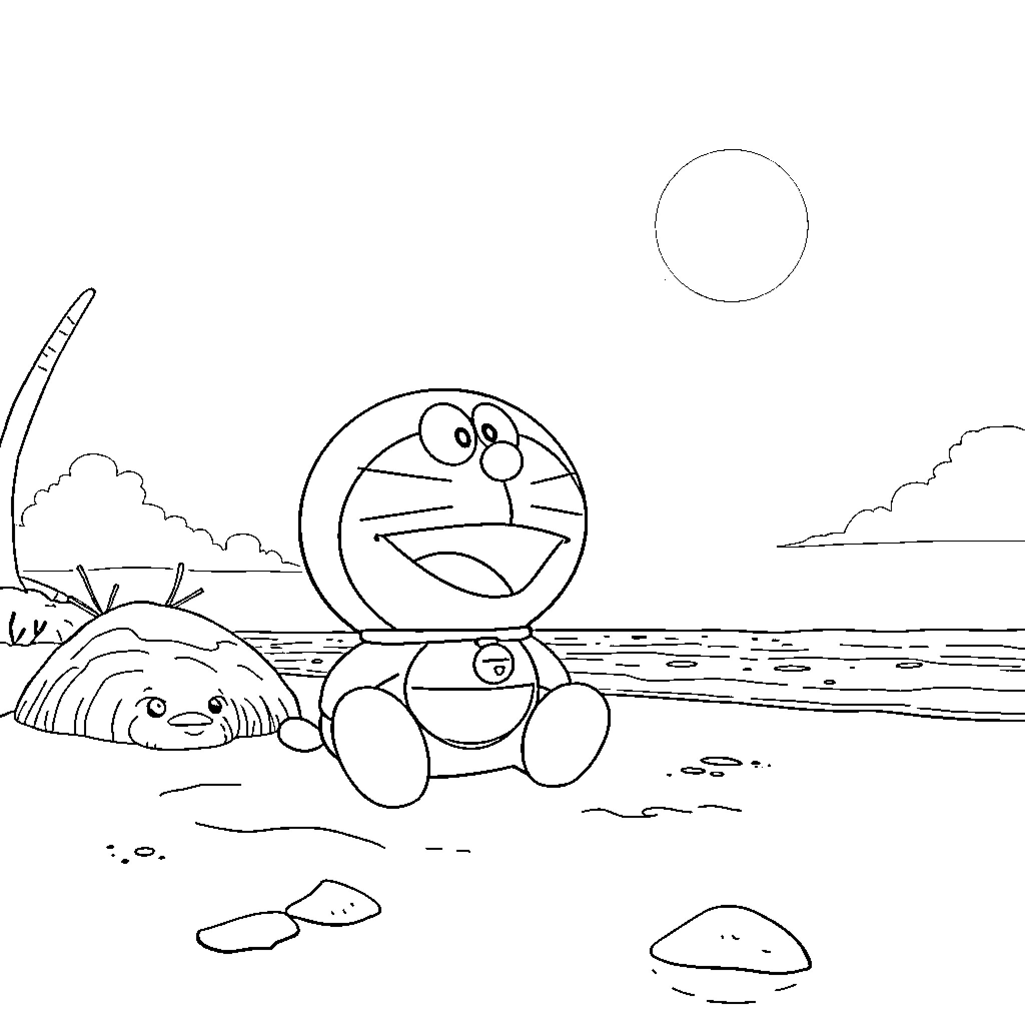 Doremon playing by the beach with sea creature Coloring Page (free black-and-white line drawing printable PDF for all, from beginners to advanced learners, including children, teens, adults, and seniors)