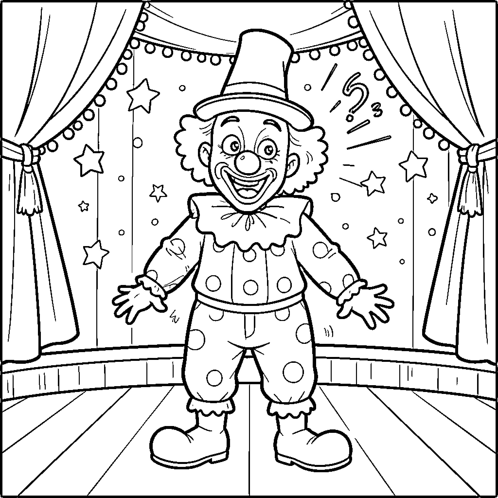 Clown performing a funny act on a stage Coloring Page (free black-and-white line drawing printable PDF for all, from beginners to advanced learners, including children, teens, adults, and seniors)