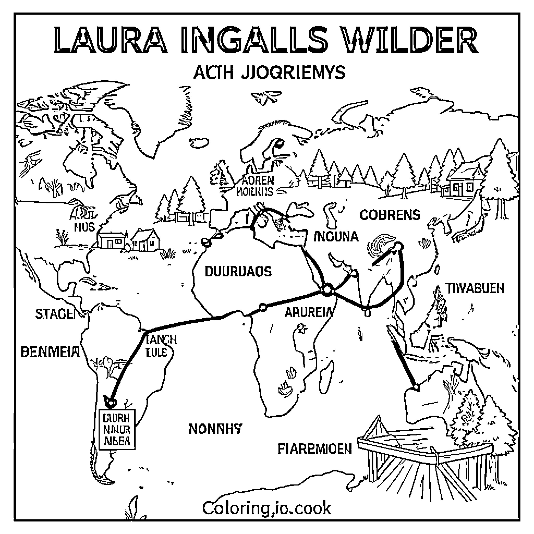 Laura Ingalls Wilder mapping out a world adventure Coloring Page (free black-and-white line drawing printable PDF for all, from beginners to advanced learners, including children, teens, adults, and seniors)