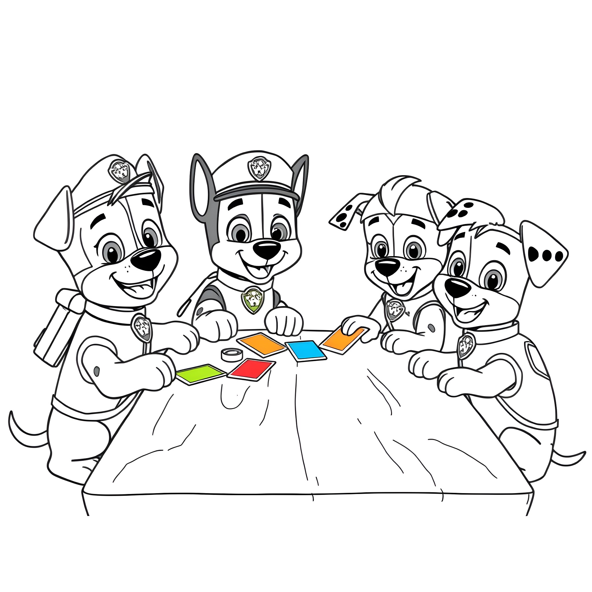 Paw Patrol Pups Playing Together Happily Coloring Page (free black-and-white line drawing printable PDF for all, from beginners to advanced learners, including children, teens, adults, and seniors)