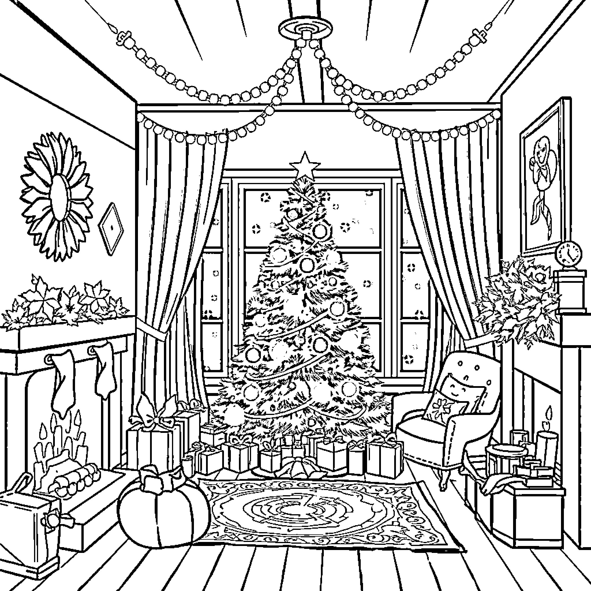 Christmas Scene with Decorated Tree and Gifts Coloring Page (free black-and-white line drawing printable PDF for all, from beginners to advanced learners, including children, teens, adults, and seniors)