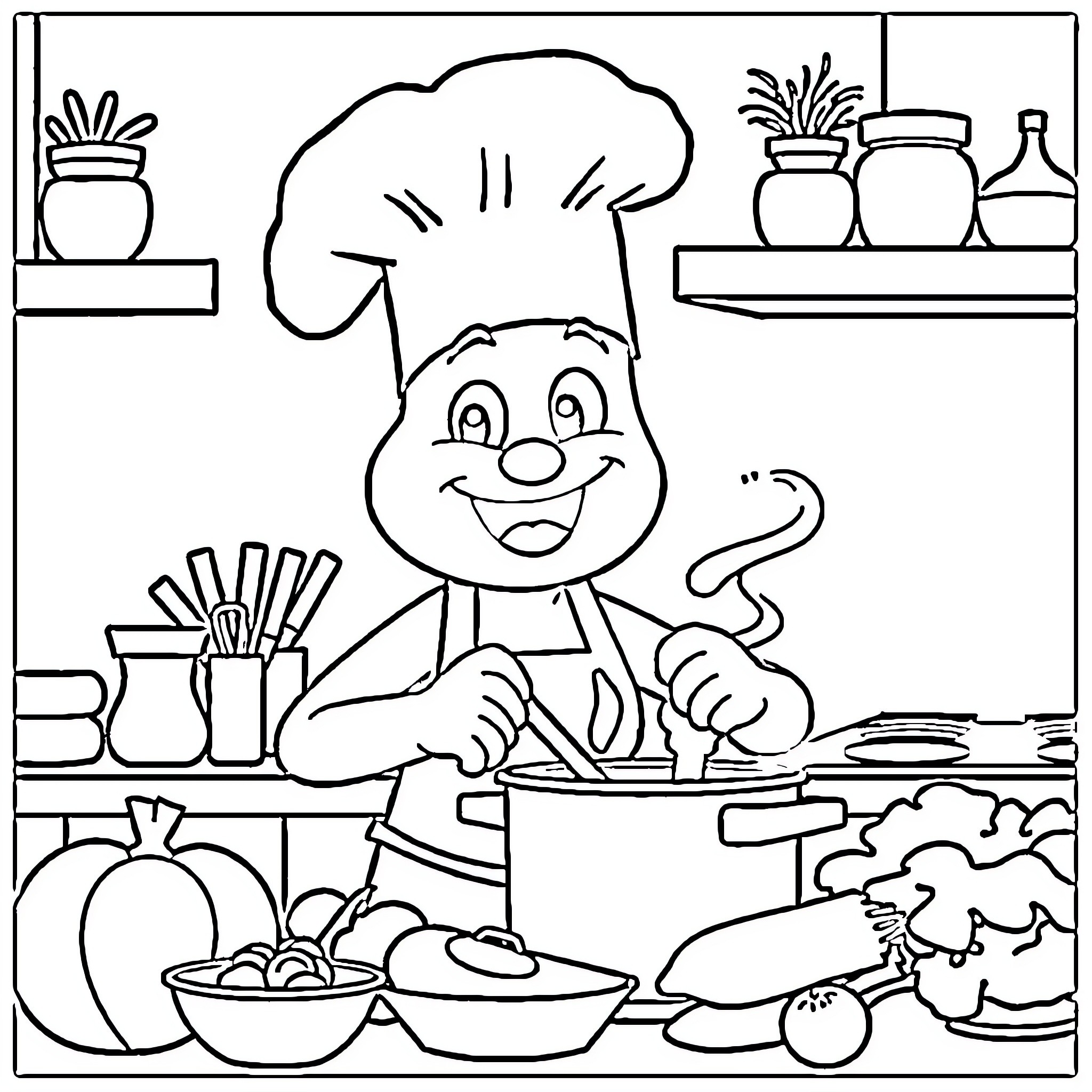Bluey's Cooking Adventure in the Kitchen Coloring Page (free black-and-white line drawing printable PDF for all, from beginners to advanced learners, including children, teens, adults, and seniors)