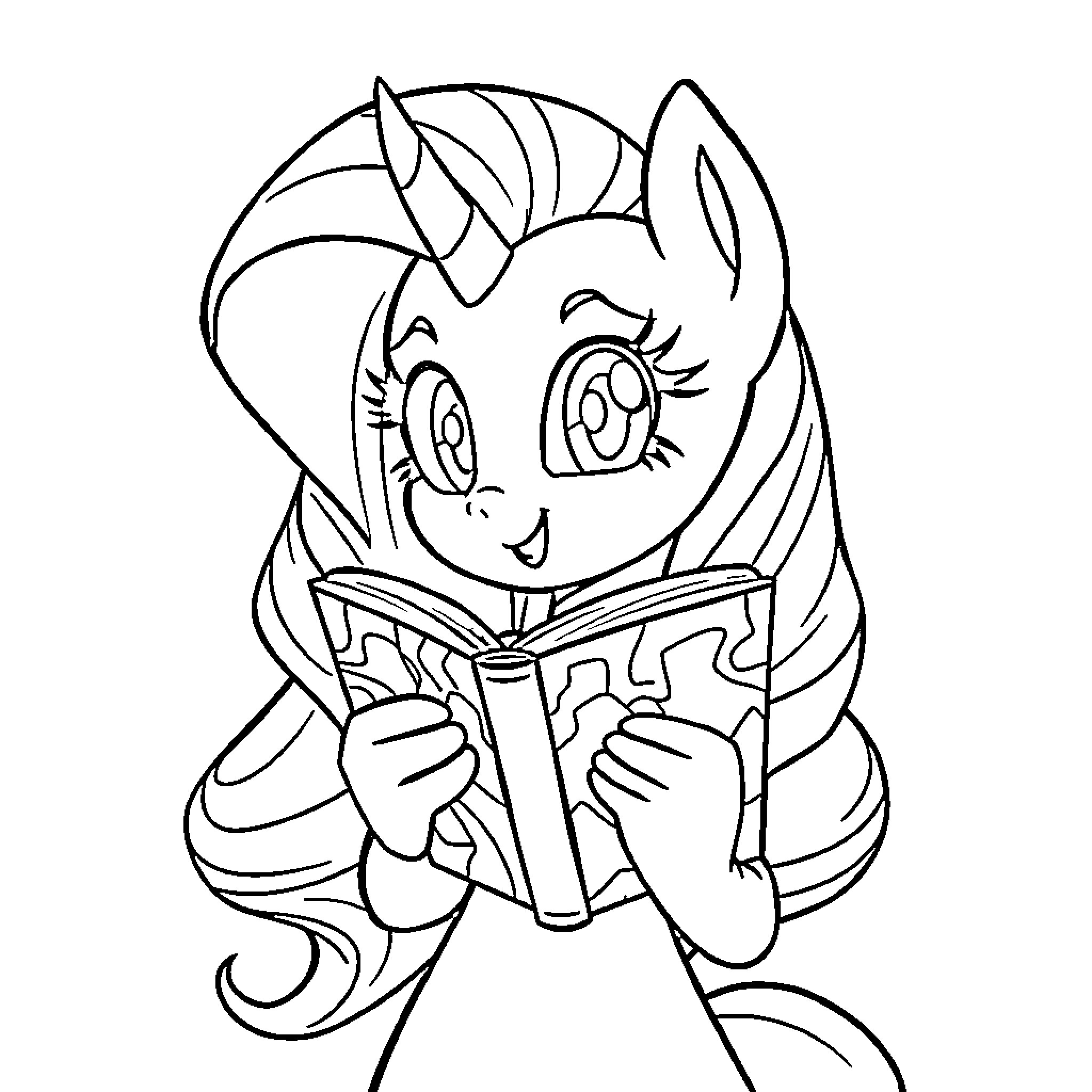 Twilight Sparkle Reading a Book Happily Coloring Page (free black-and-white line drawing printable PDF for all, from beginners to advanced learners, including children, teens, adults, and seniors)