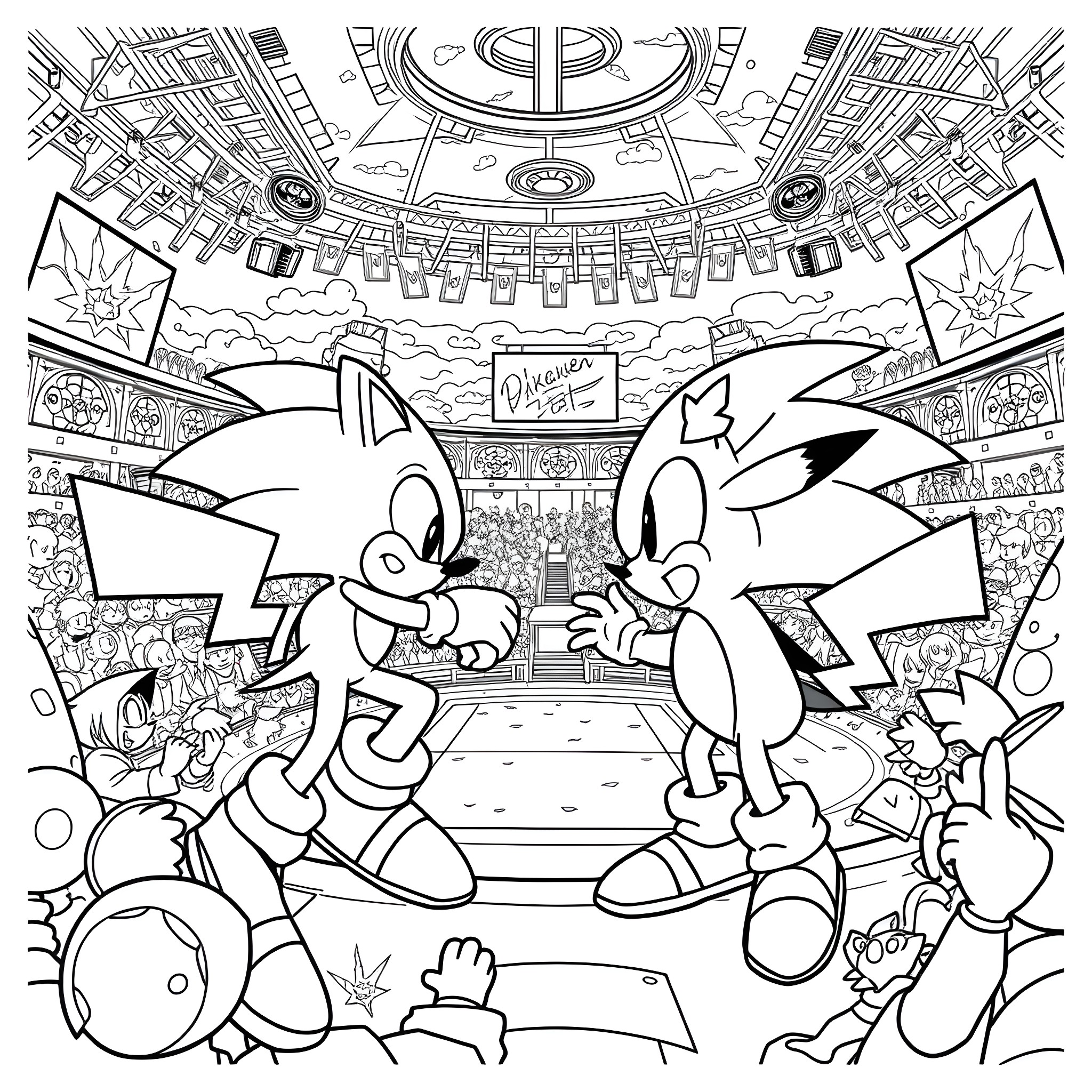 Sonic's Exciting Showdown in a Vibrant Arena Coloring Page (free black-and-white line drawing printable PDF for all, from beginners to advanced learners, including children, teens, adults, and seniors)