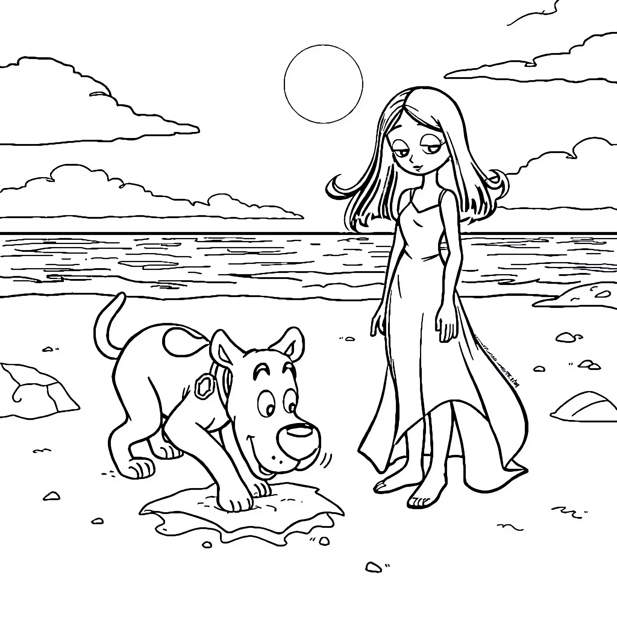 Scooby Doo and the Mysterious Beach Encounter Coloring Page (free black-and-white line drawing printable PDF for all, from beginners to advanced learners, including children, teens, adults, and seniors)
